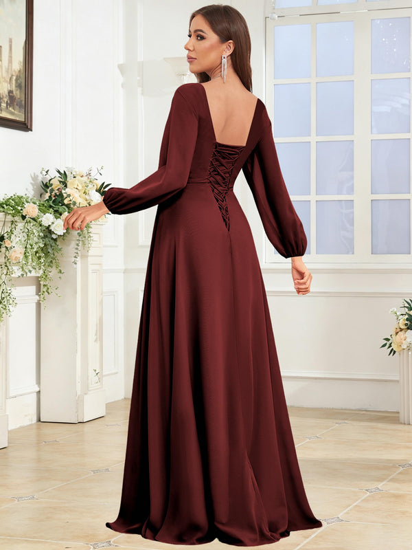 V Neck Chiffon Long Sleeve Bridesmaid Dresses with Slit