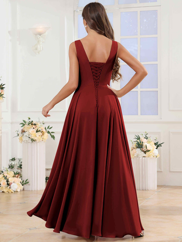 V-Neck Pleated Sleeveless Ruffle Chiffon Bridesmaid Dress With Slit