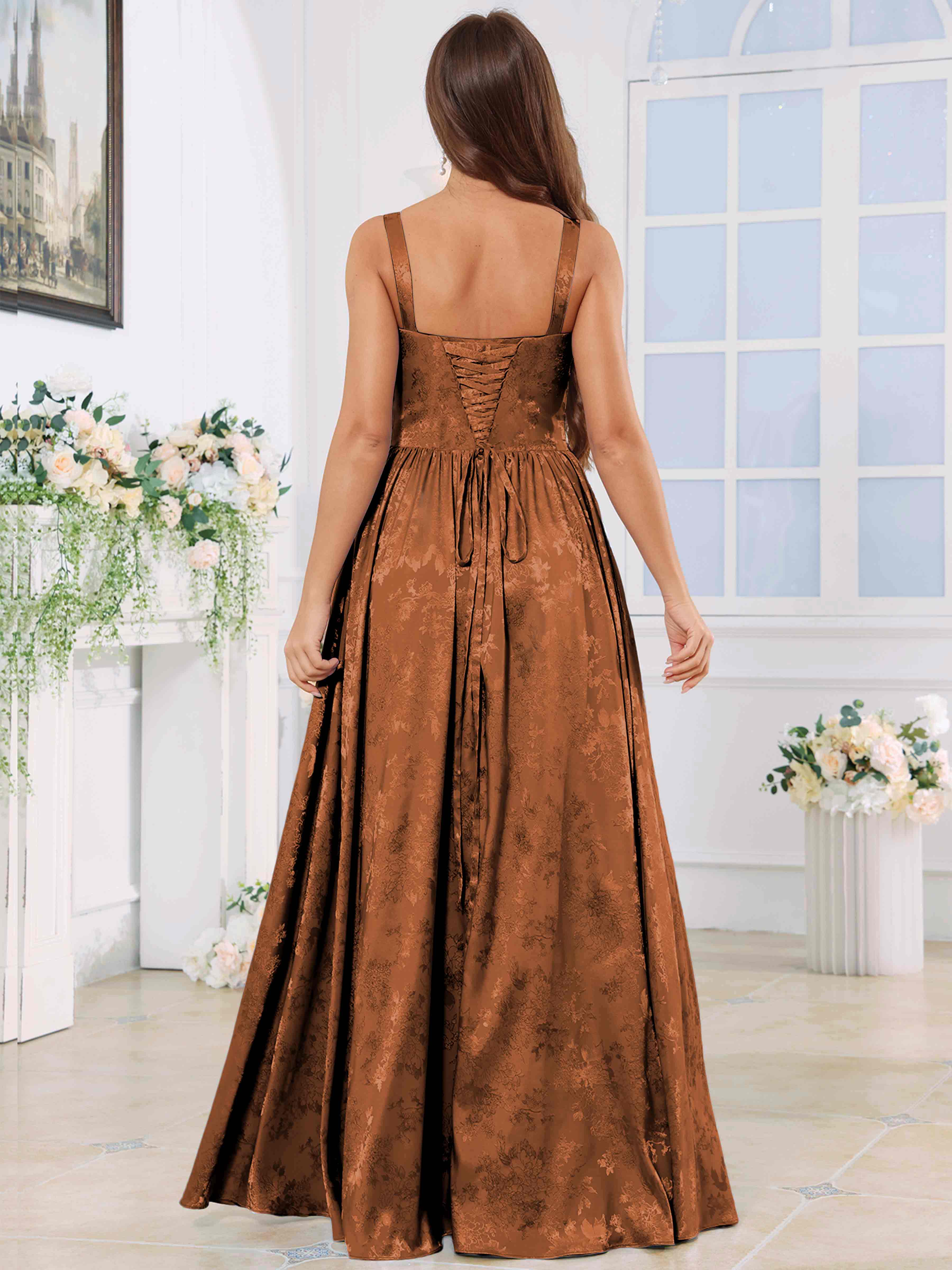 ROVDESY A-Line Spaghetti Straps Pleated Jacquard Satin Bridesmaid/Prom Dress With Slit