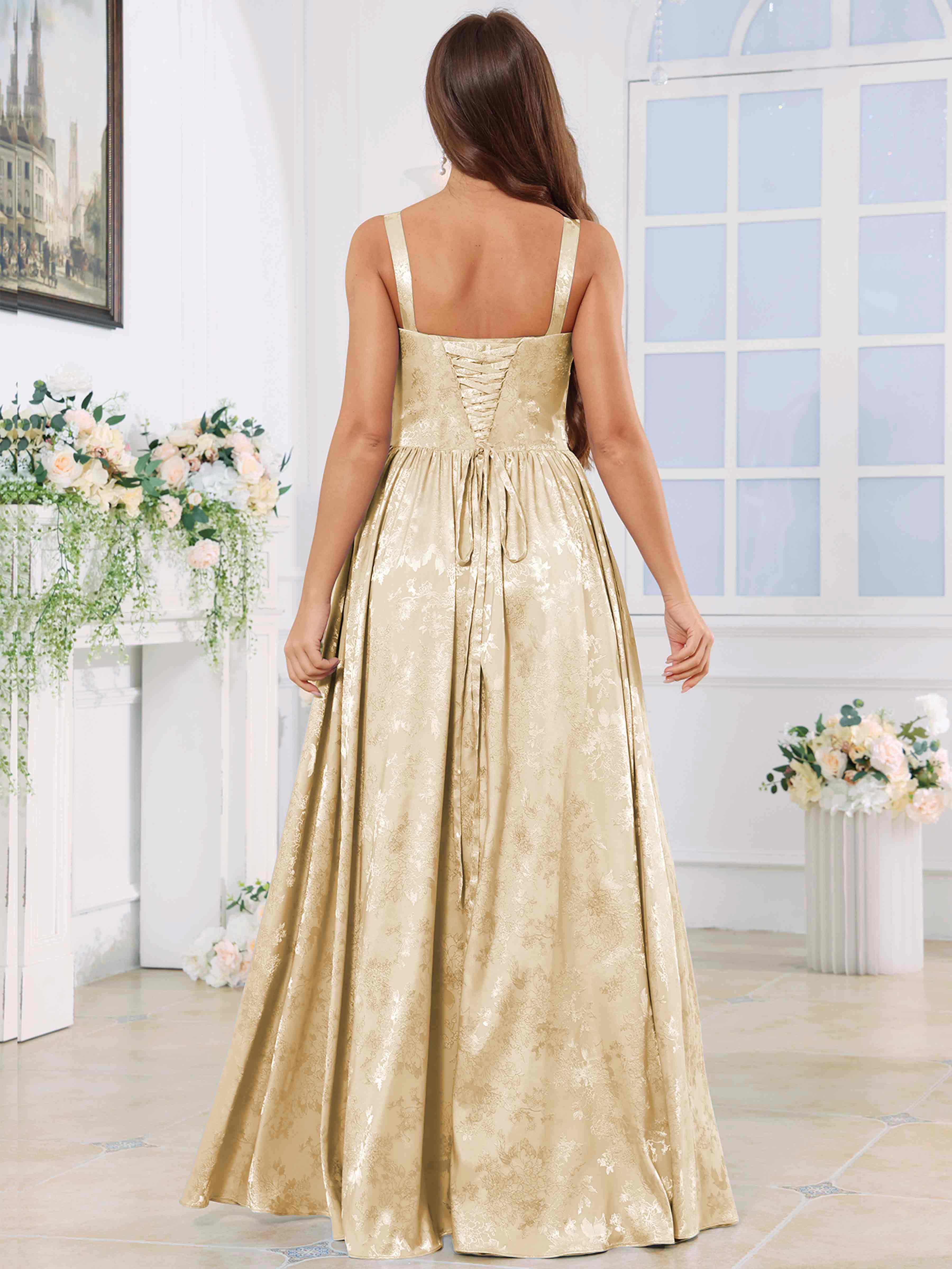 ROVDESY A-Line Spaghetti Straps Pleated Jacquard Satin Bridesmaid/Prom Dress With Slit