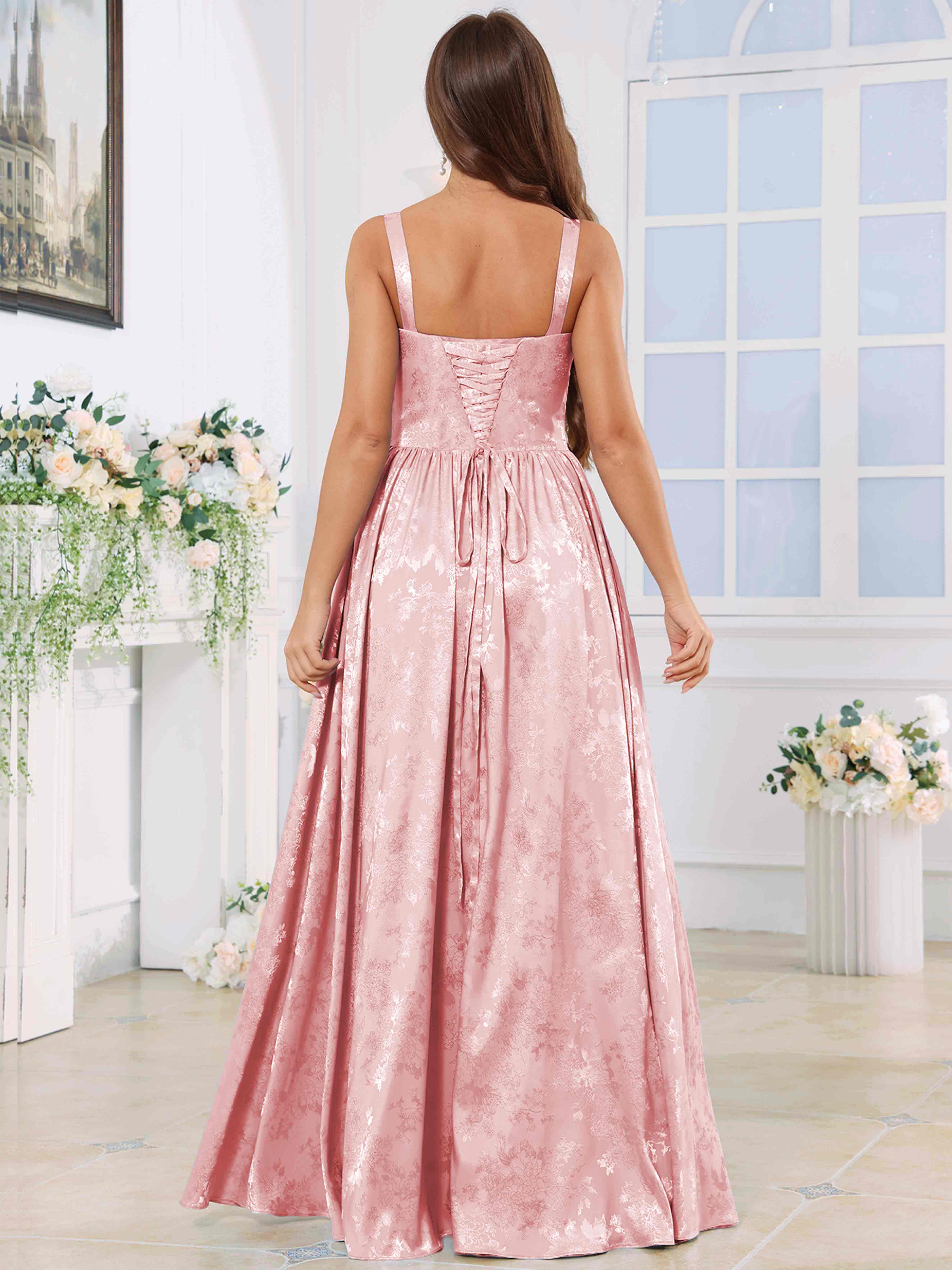 ROVDESY A-Line Spaghetti Straps Pleated Jacquard Satin Bridesmaid/Prom Dress With Slit
