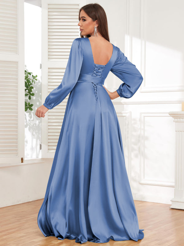 V Neck Satin Long Sleeve Bridesmaid Dress with Slit