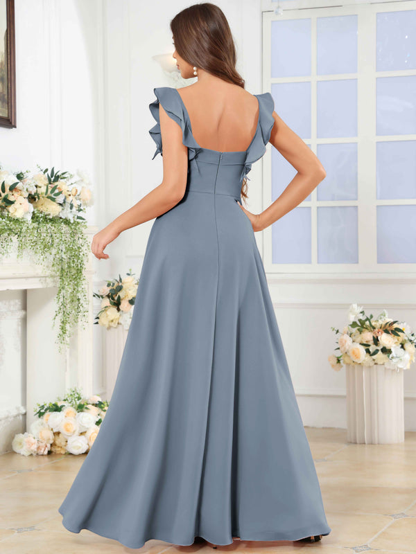 Square Neck Ruffle Chffion Bridesmaid Dress With Slit