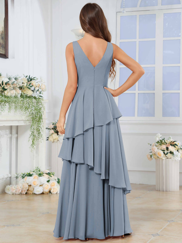 Long Sleeveless V-Neck Tiered Pleated Chiffon Bridesmaid Dress