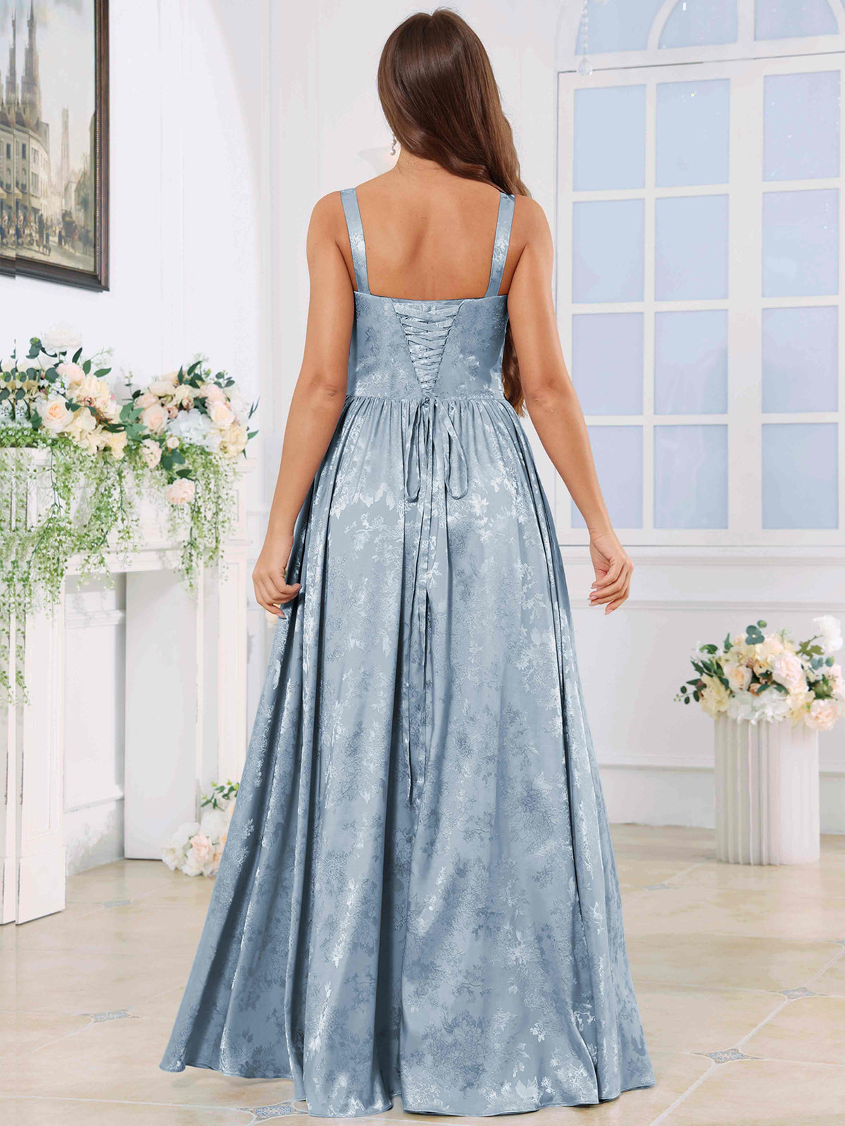 ROVDESY A-Line Spaghetti Straps Pleated Jacquard Satin Bridesmaid/Prom Dress With Slit