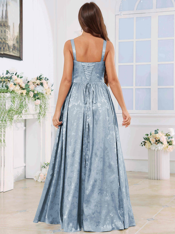 A-Line Spaghetti Straps Pleated Jacquard Satin Bridesmaid/Prom Dress With Slit