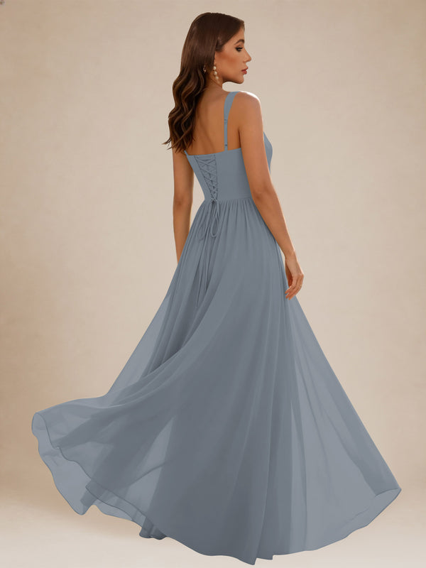 Dusty Blue Sweetheart Ruffle Chiffon Bridesmaid Dress With Slit