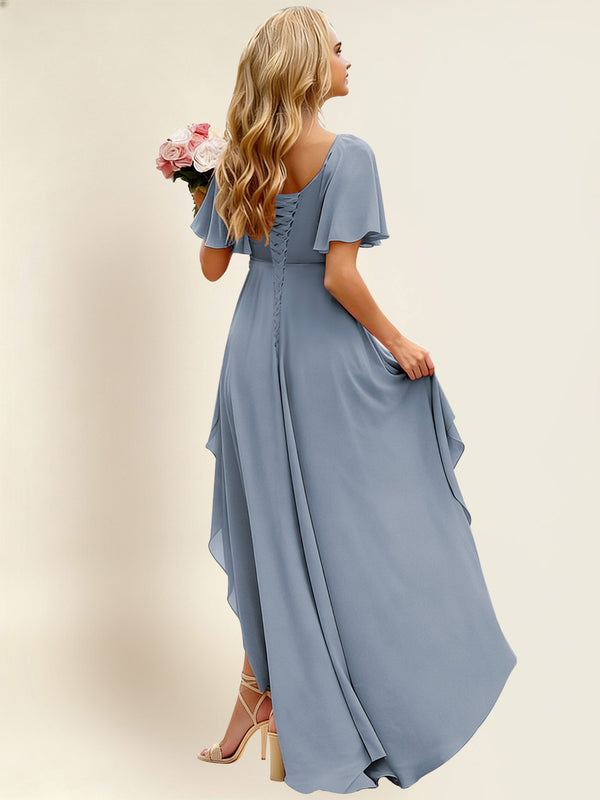 Dusty Blue High Low Pleated Chiffon Bridesmaid Dress with Short Flutter Sleeves