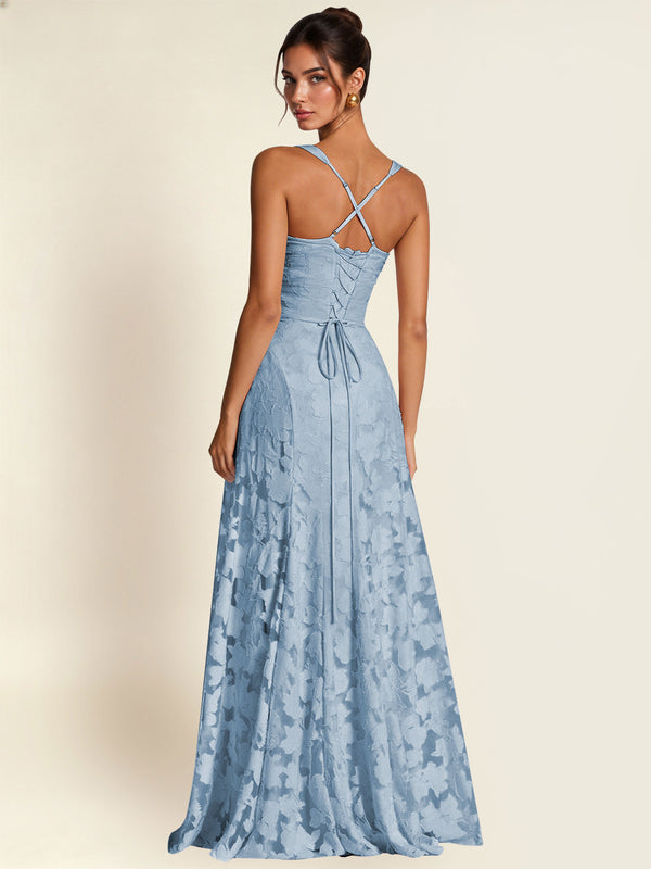 Dusty Blue Floral Jacquard A Line Maxi Bridesmaid Dress