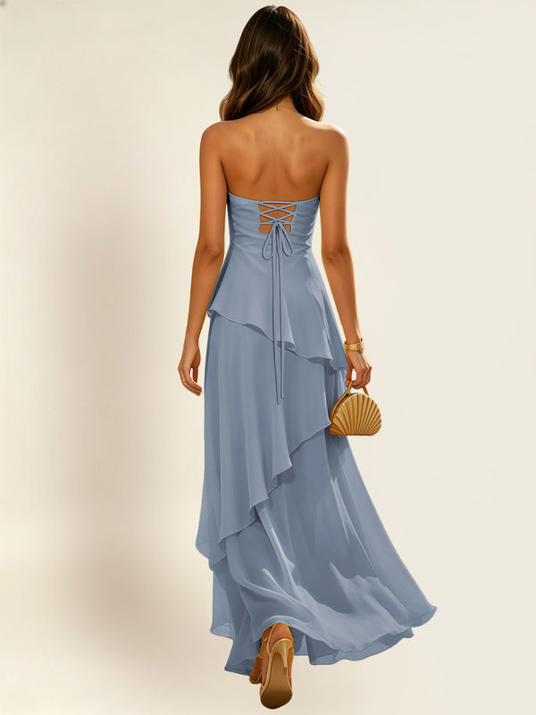 Dusty Blue Strapless Tiered Ruffle Chiffon Bridesmaid Dress