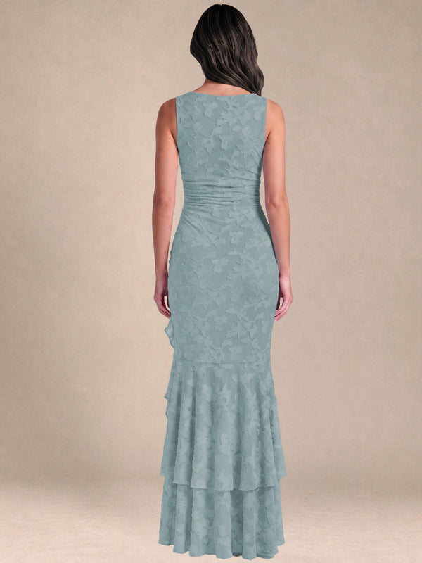 Dusty Blue Square Neck Floral Bridesmaid/Formal Dress With Ruffle High Slit