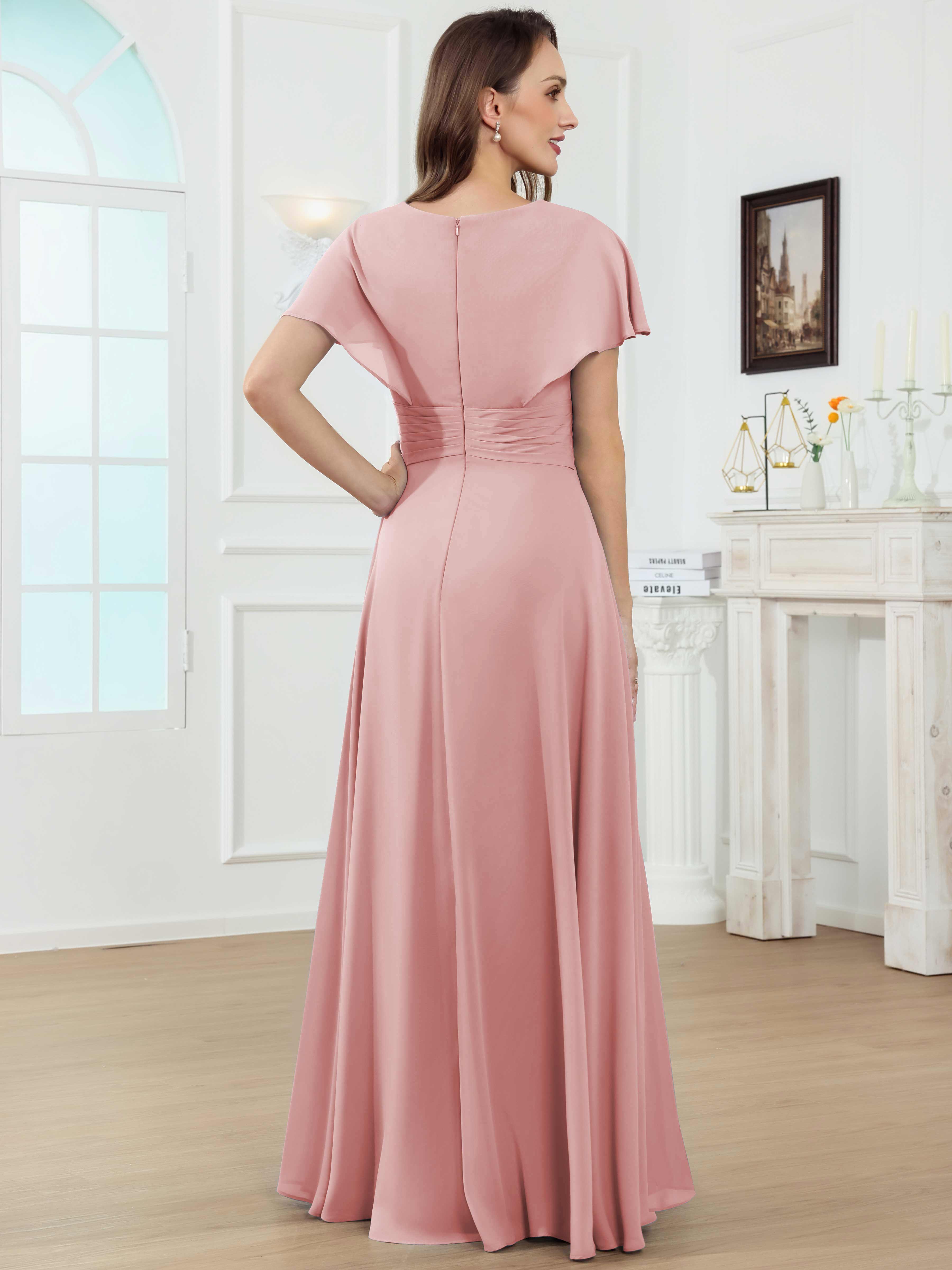 ROVDESY A-Line V-Neck Pleated Lace Chiffon Mother Of The Bride Dress With Short Sleeves