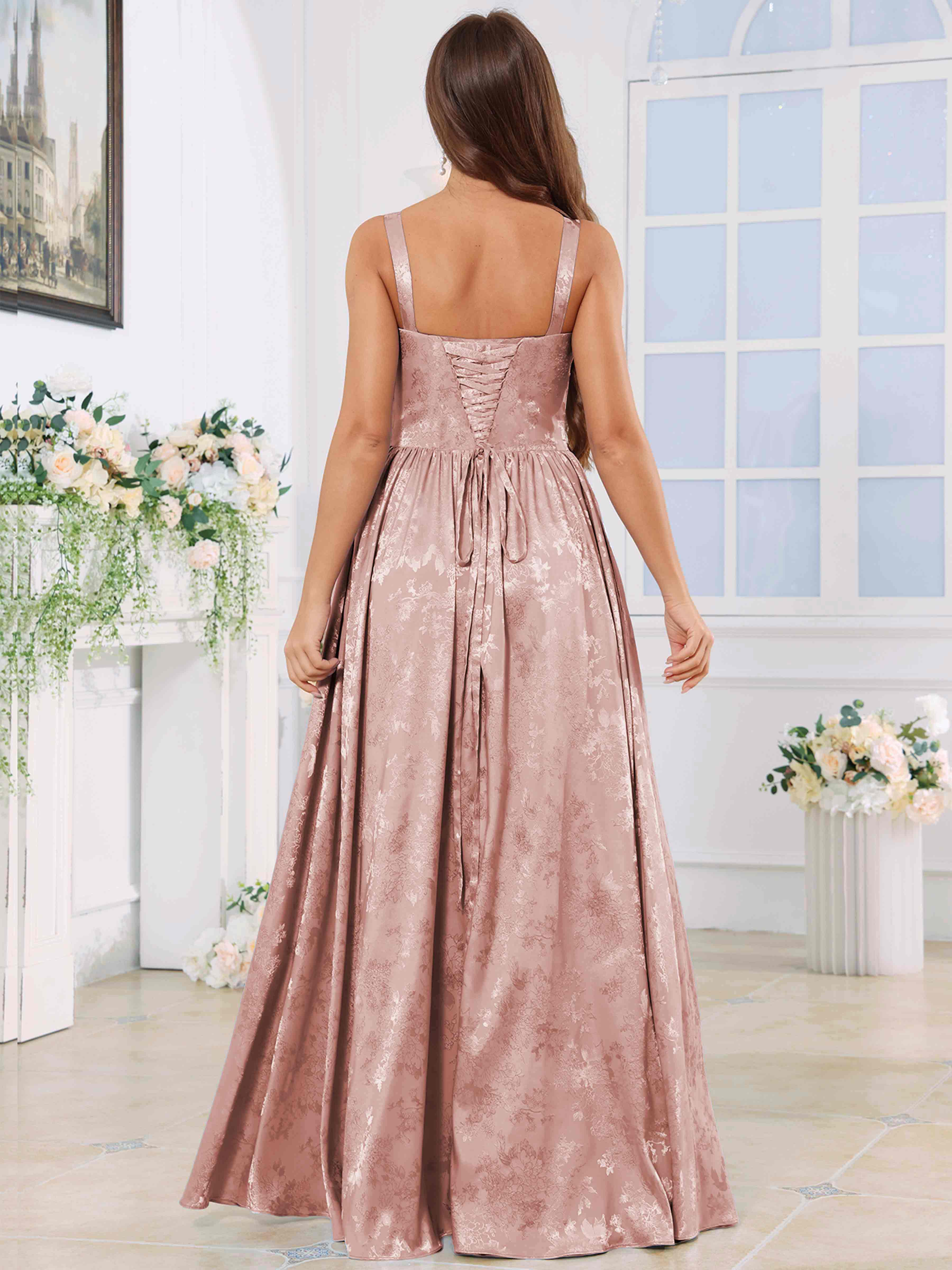 ROVDESY A-Line Spaghetti Straps Pleated Jacquard Satin Bridesmaid/Prom Dress With Slit