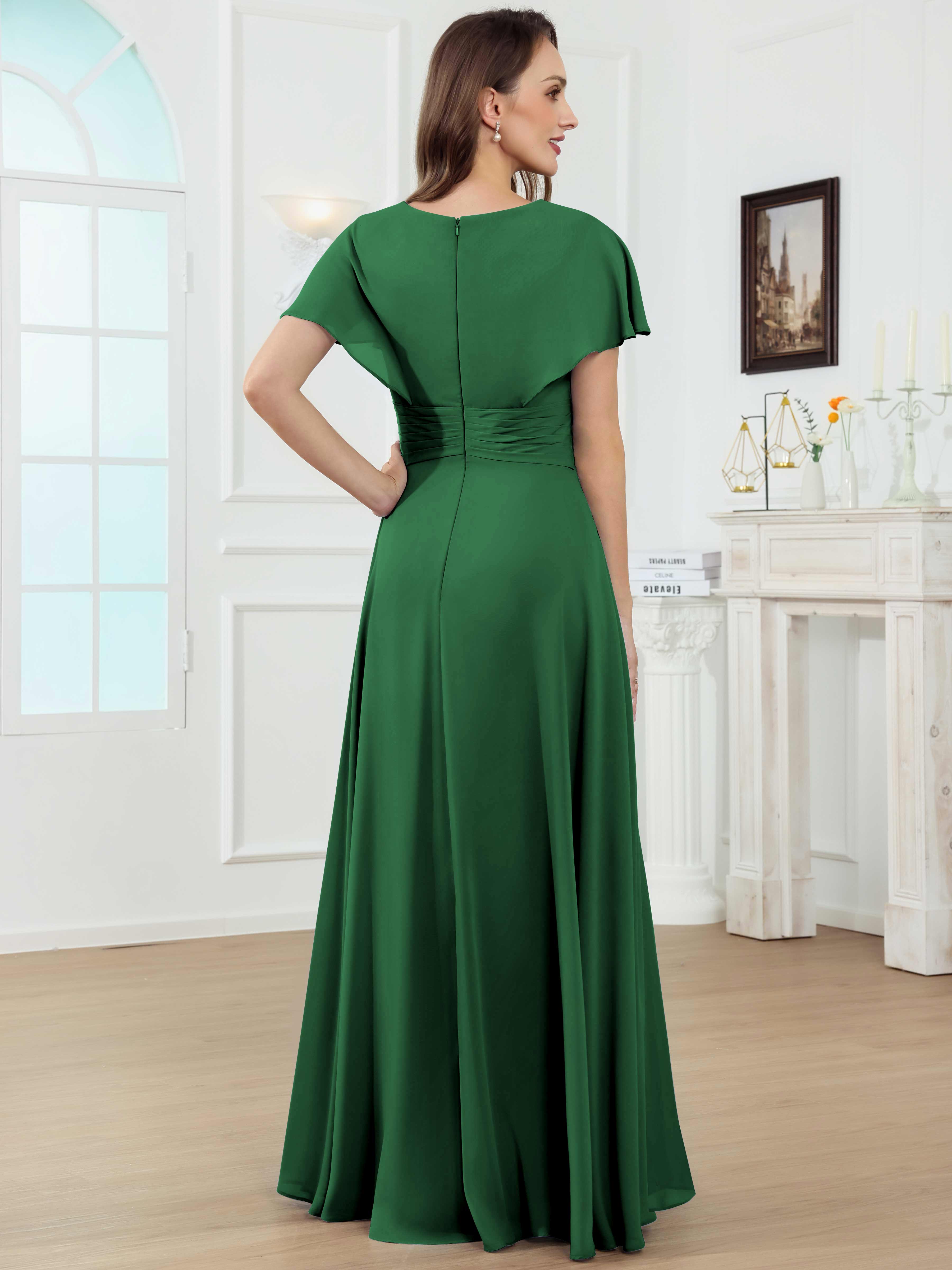 ROVDESY A-Line V-Neck Pleated Lace Chiffon Mother Of The Bride Dress With Short Sleeves