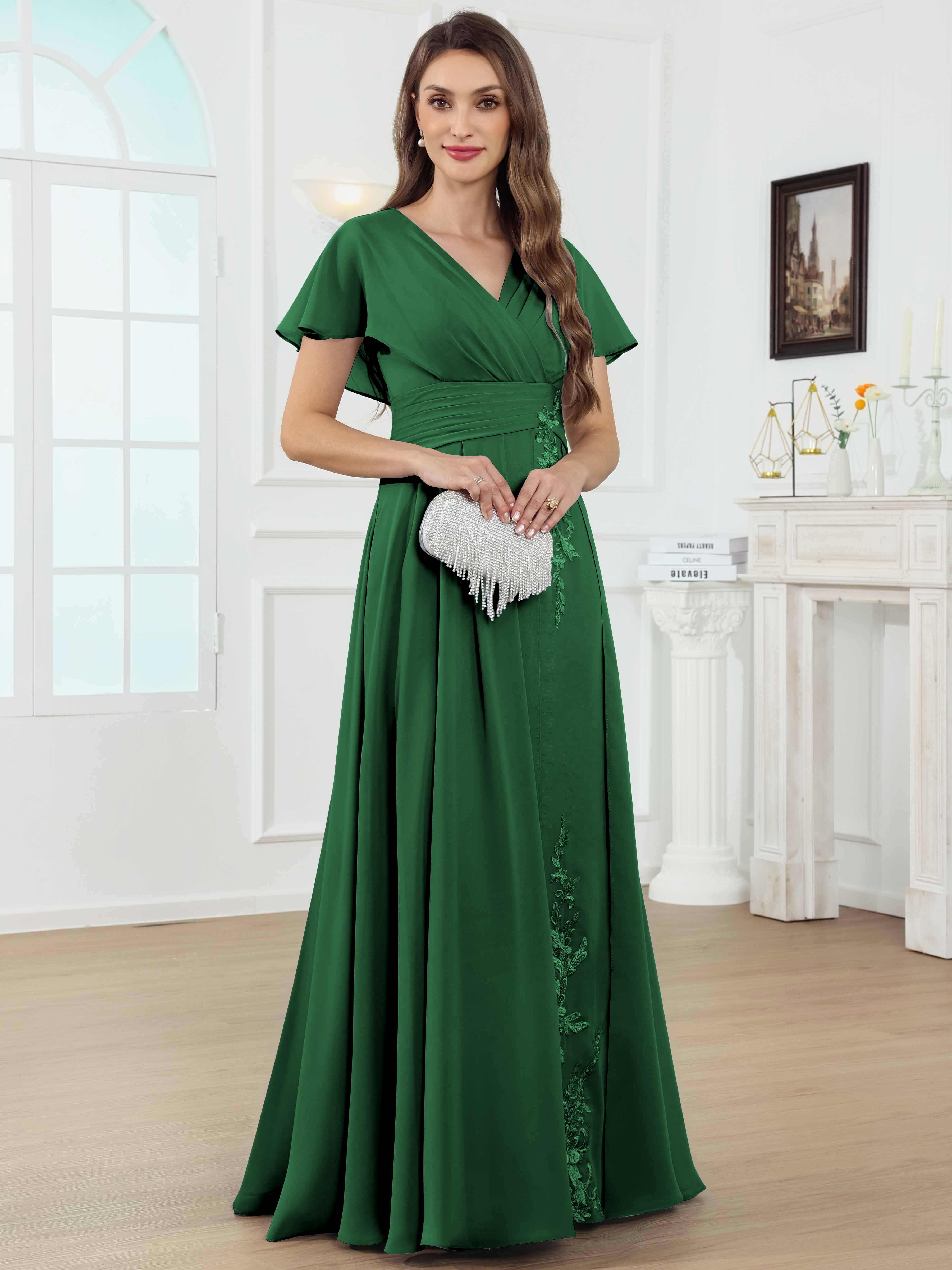 ROVDESY A-Line V-Neck Pleated Lace Chiffon Mother Of The Bride Dress With Short Sleeves