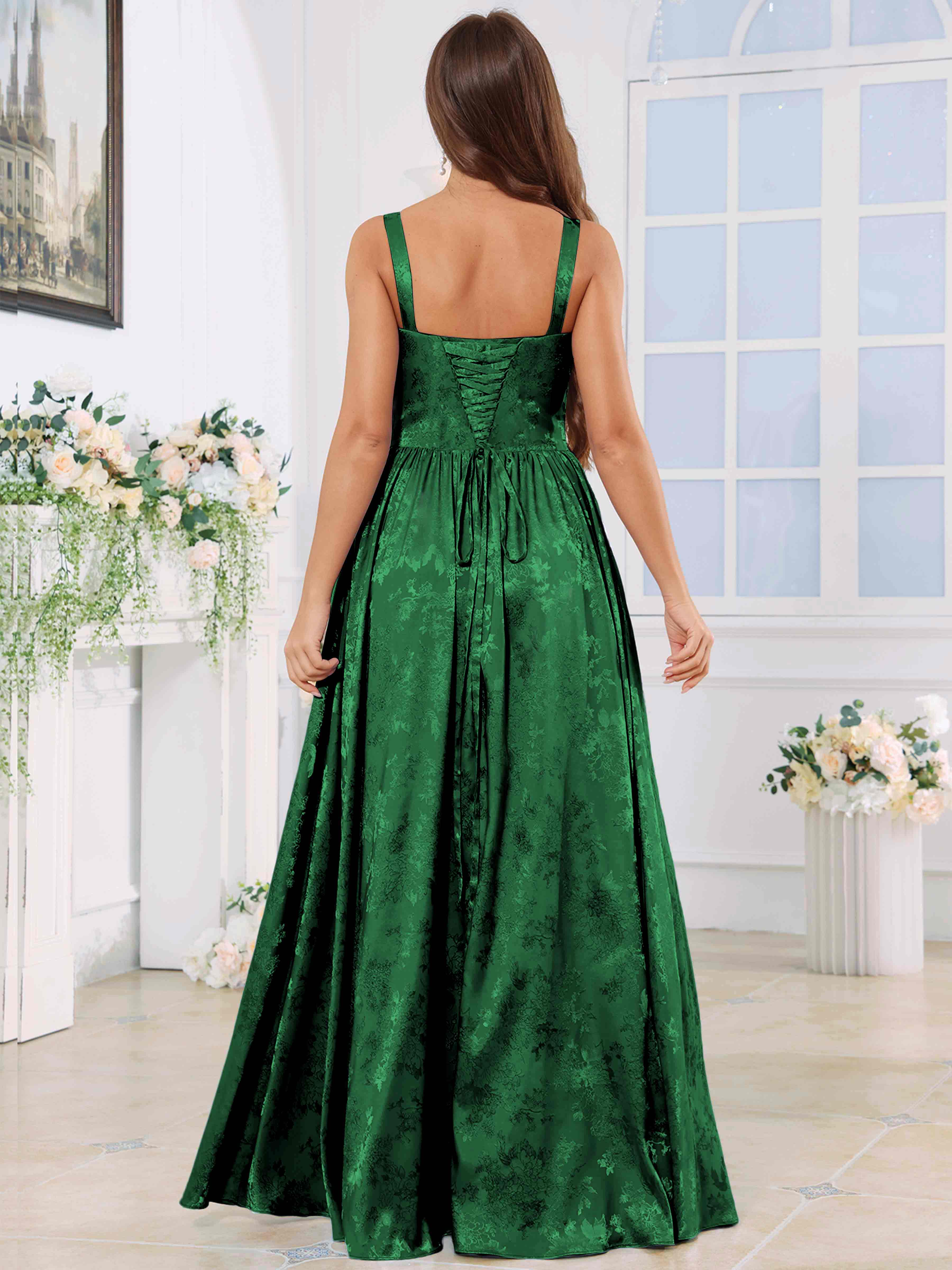 ROVDESY A-Line Spaghetti Straps Pleated Jacquard Satin Bridesmaid/Prom Dress With Slit