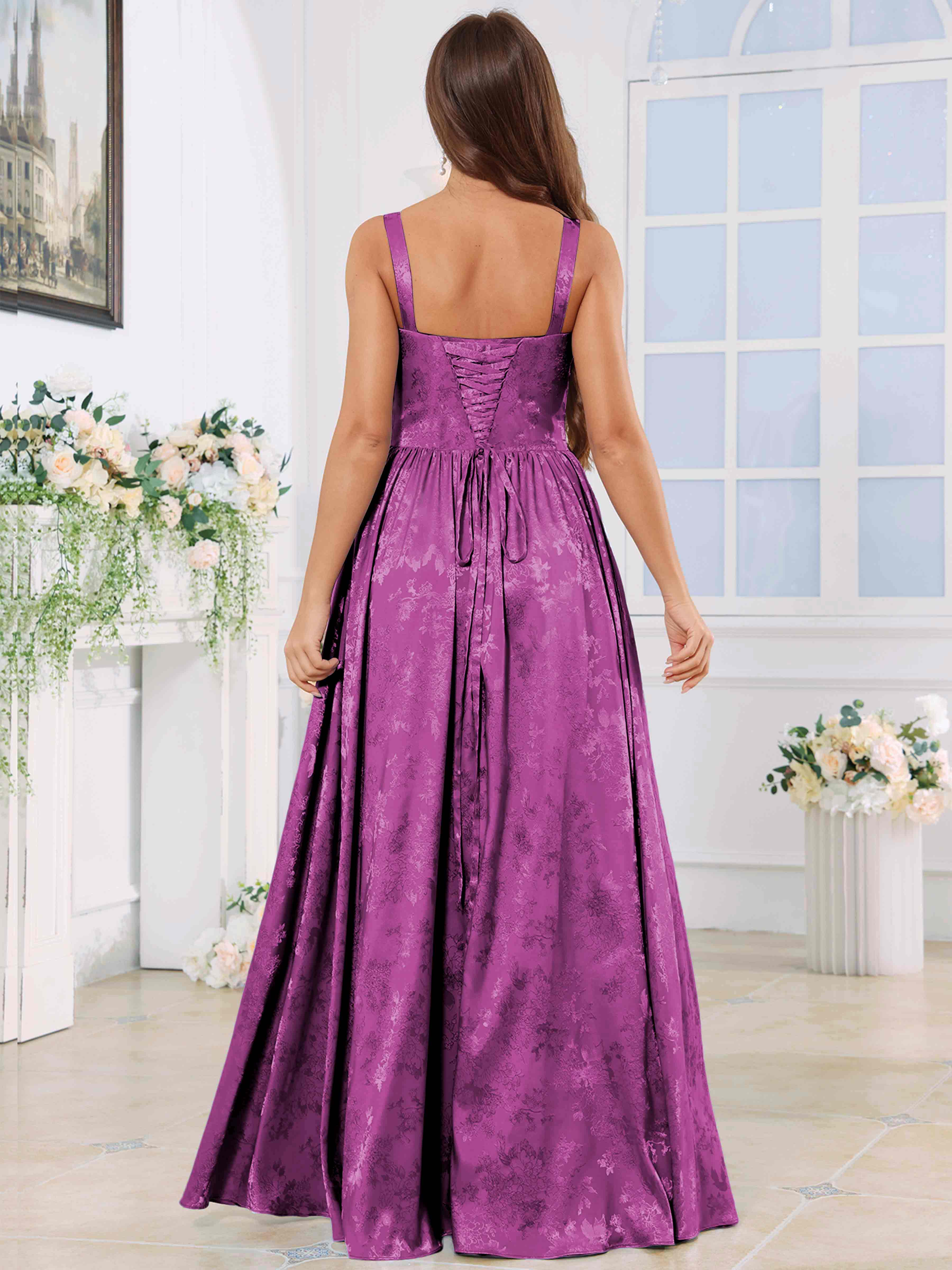 ROVDESY A-Line Spaghetti Straps Pleated Jacquard Satin Bridesmaid/Prom Dress With Slit