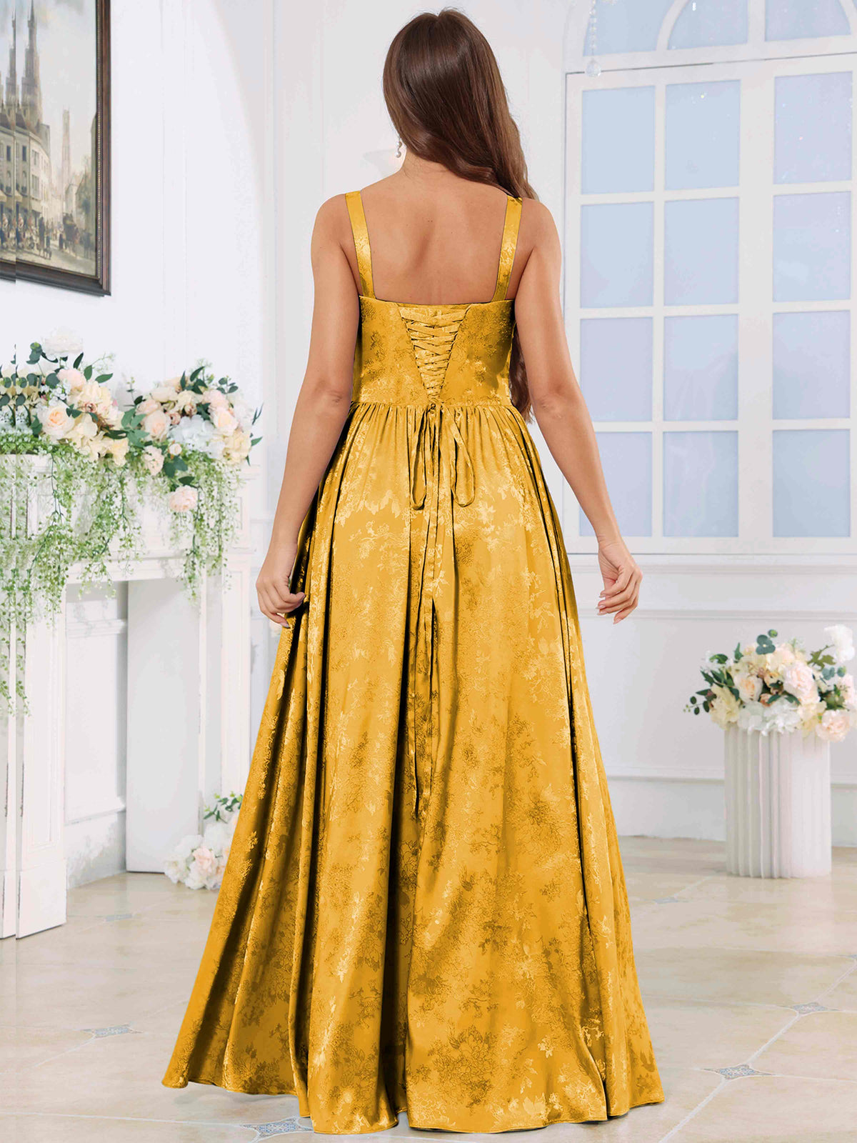 ROVDESY A-Line Spaghetti Straps Pleated Jacquard Satin Bridesmaid/Prom Dress With Slit