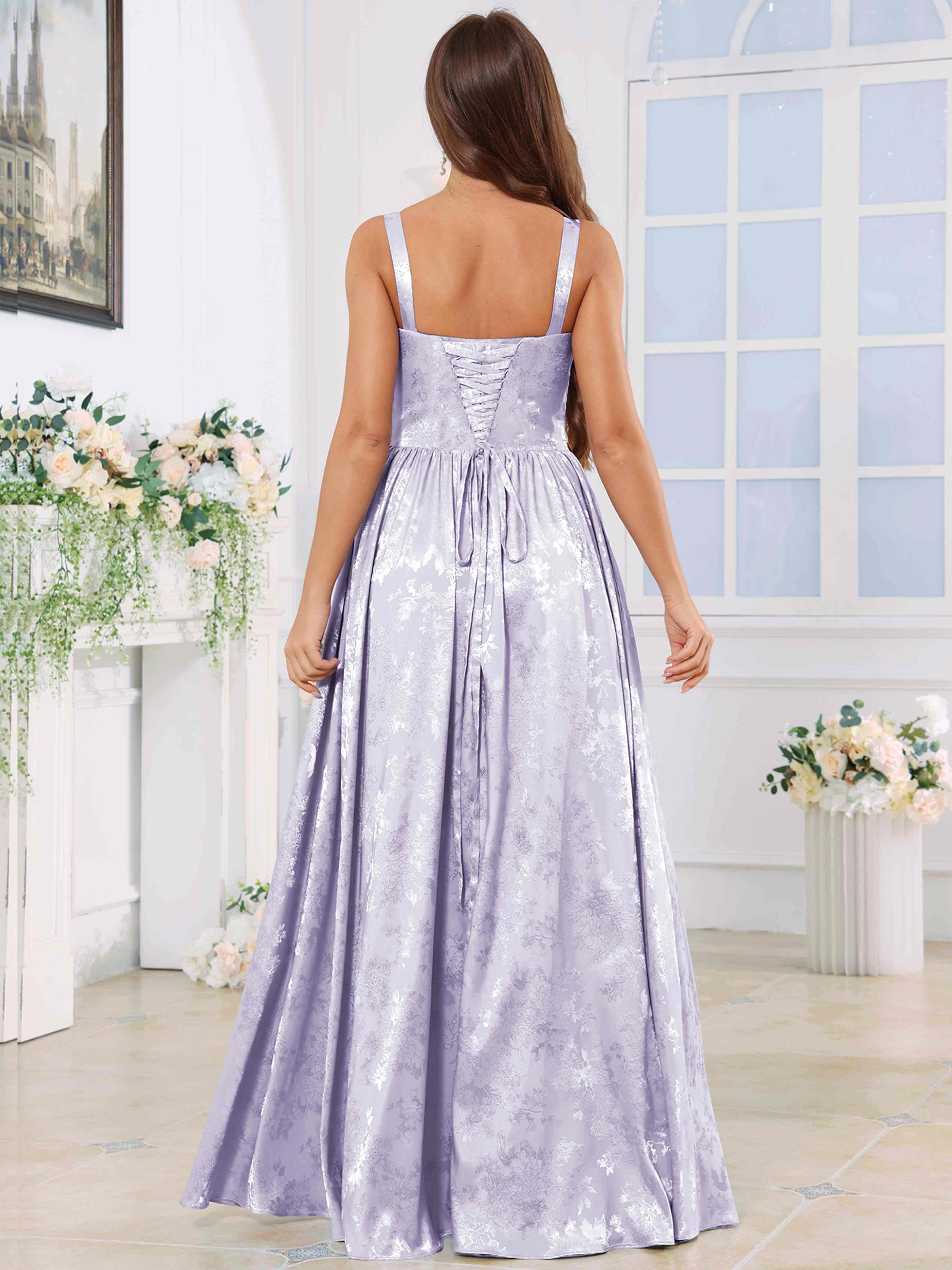 ROVDESY A-Line Spaghetti Straps Pleated Jacquard Satin Bridesmaid/Prom Dress With Slit