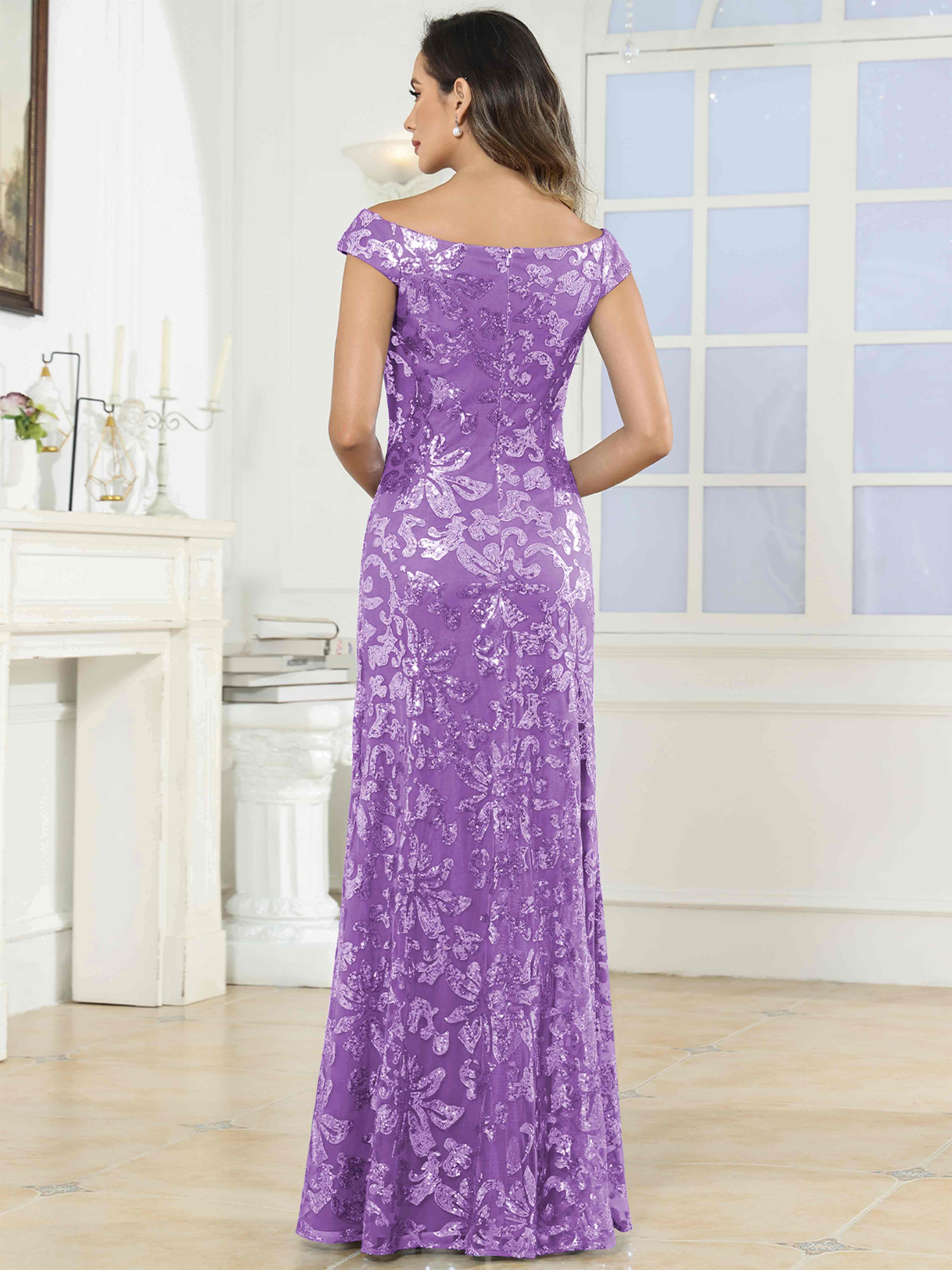 ROVDESY Off-The-Shoulder Mermaid Sequin Mother Of The Bride Dress Formal Gown