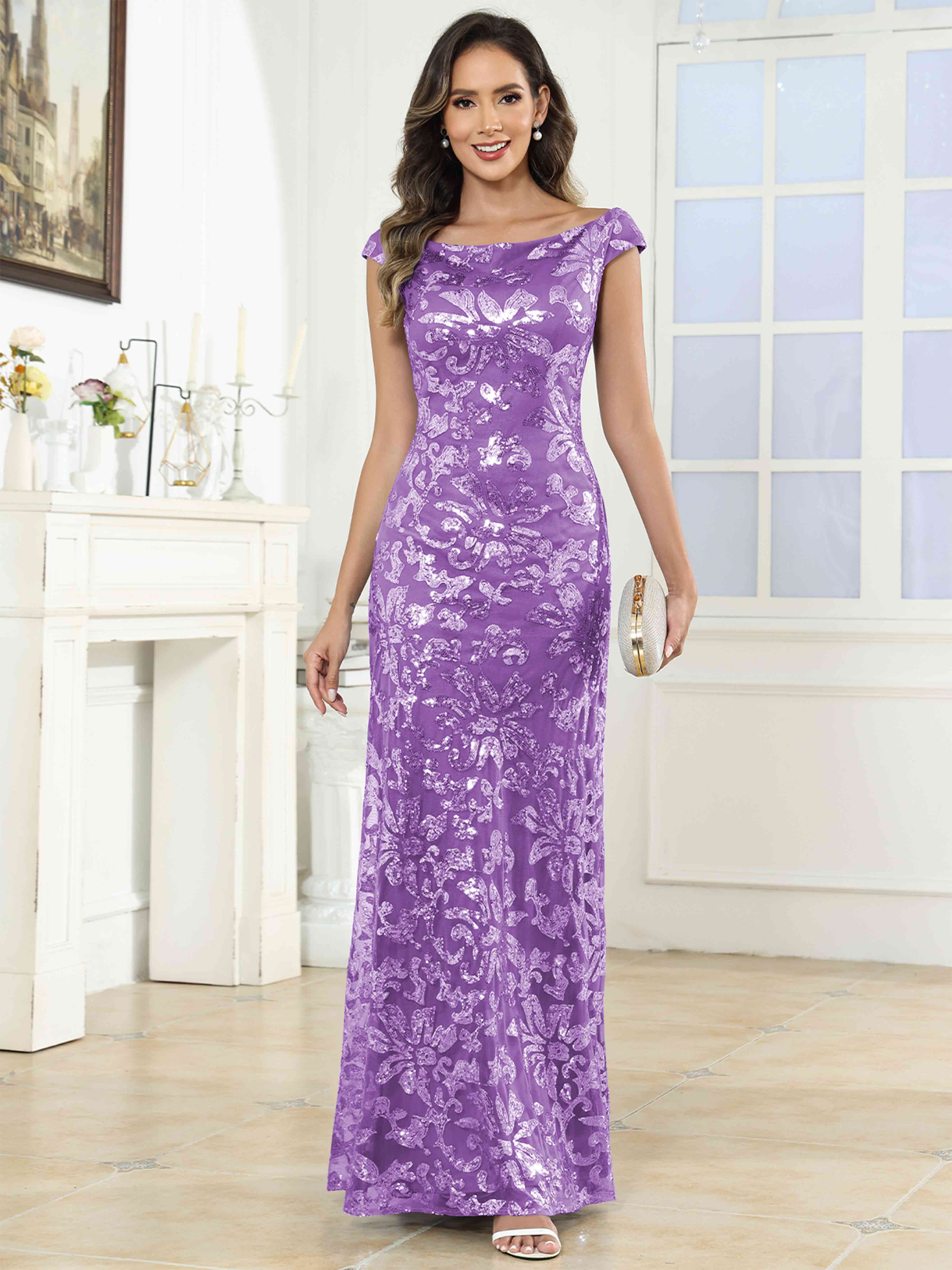ROVDESY Off-The-Shoulder Mermaid Sequin Mother Of The Bride Dress Formal Gown