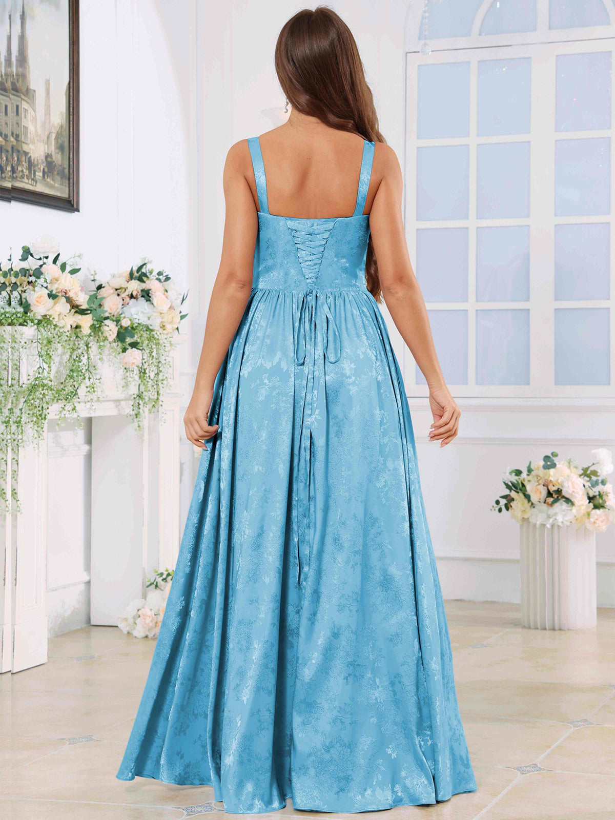 ROVDESY A-Line Spaghetti Straps Pleated Jacquard Satin Bridesmaid/Prom Dress With Slit