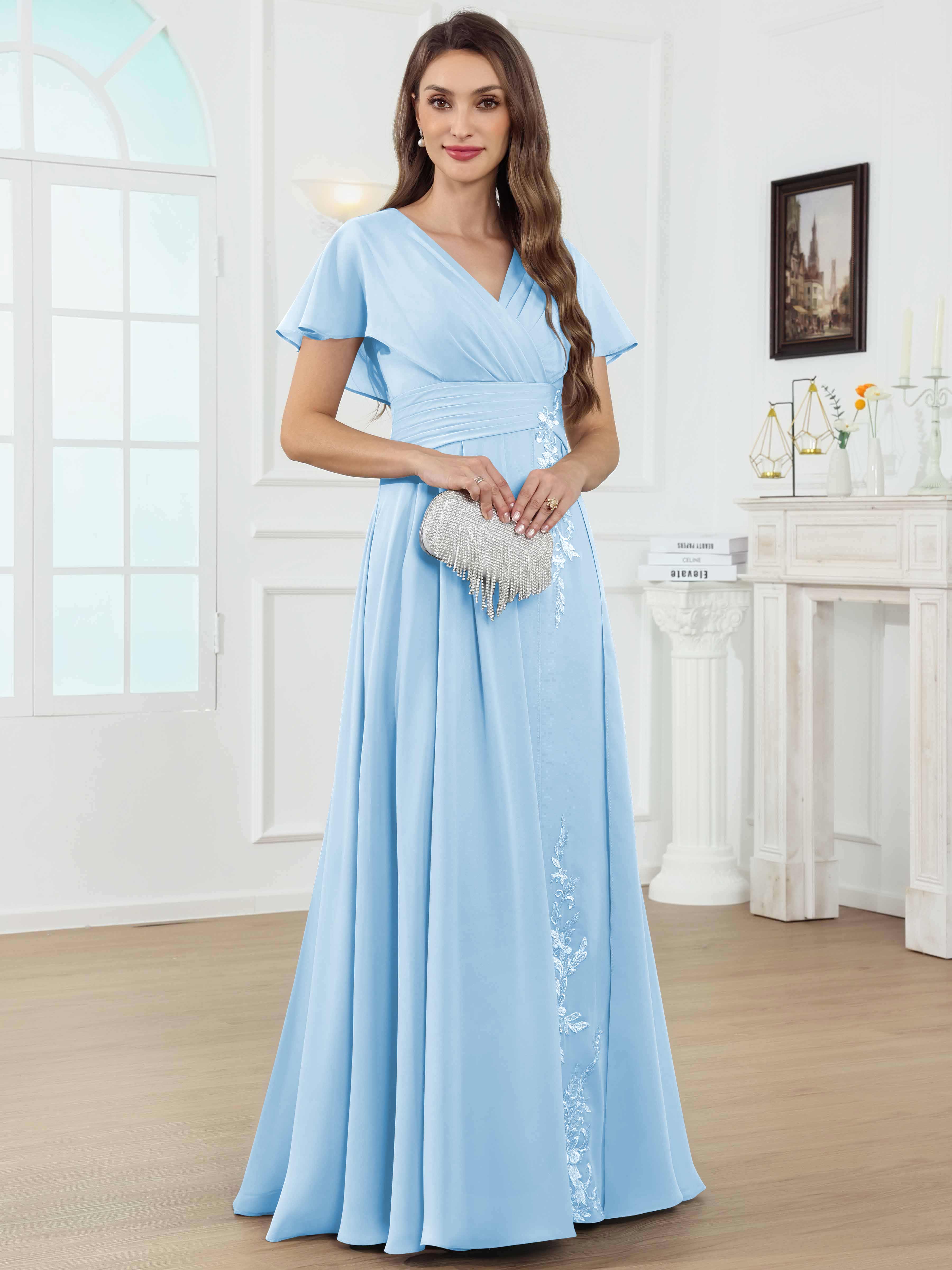 ROVDESY A-Line V-Neck Pleated Lace Chiffon Mother Of The Bride Dress With Short Sleeves