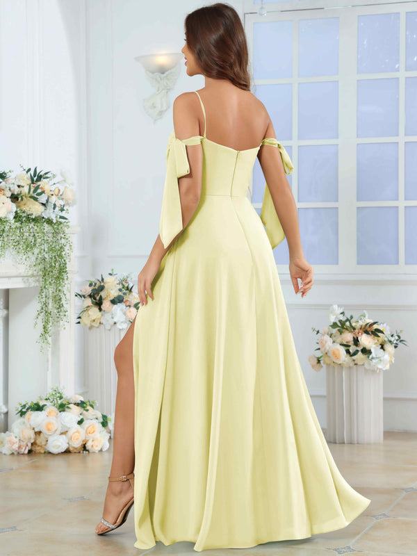 Spaghetti Strap Pleated Ruffle Slit Chiffon Bridesmaid Dress With Bow Sleeves