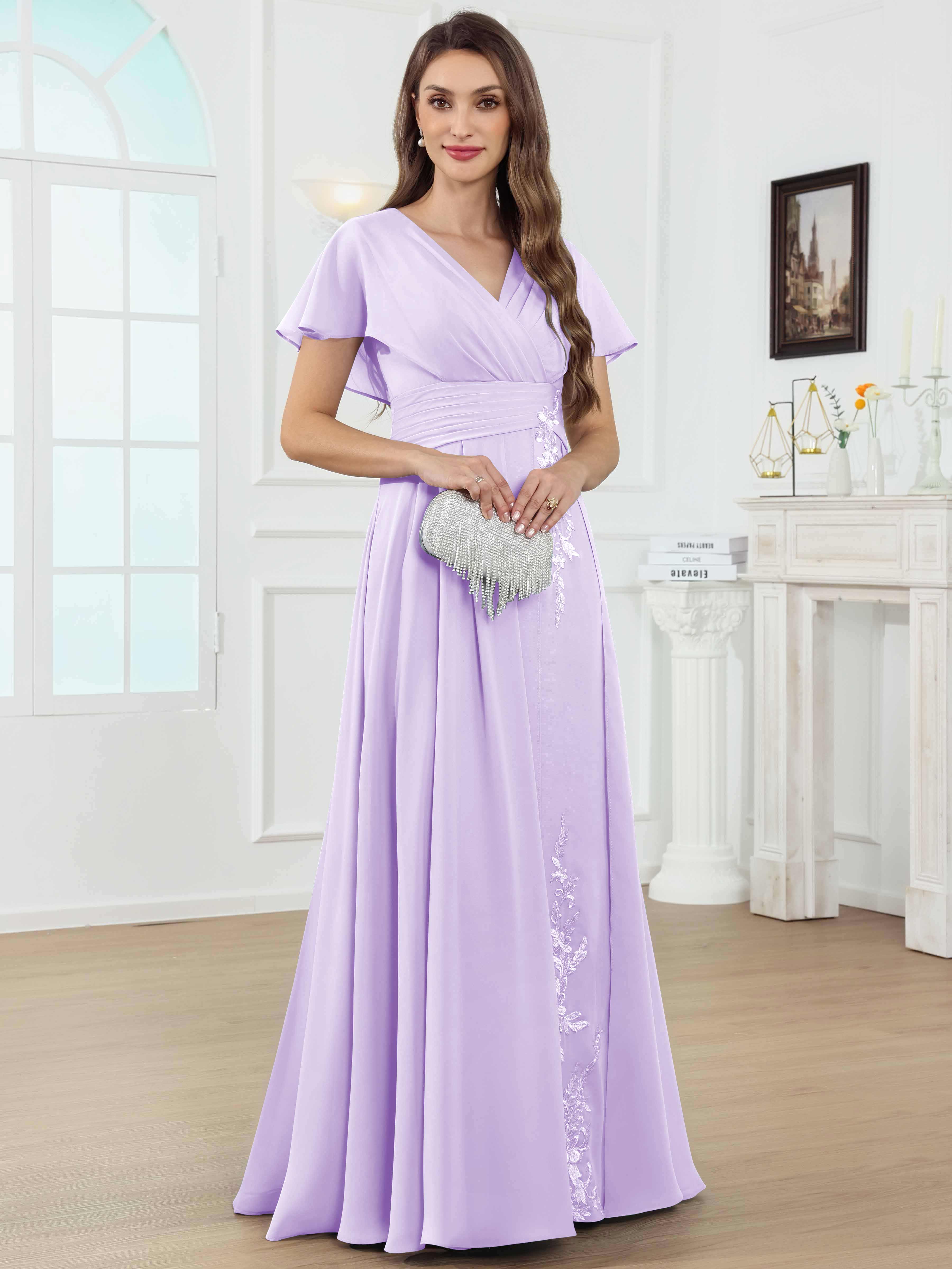 ROVDESY A-Line V-Neck Pleated Lace Chiffon Mother Of The Bride Dress With Short Sleeves