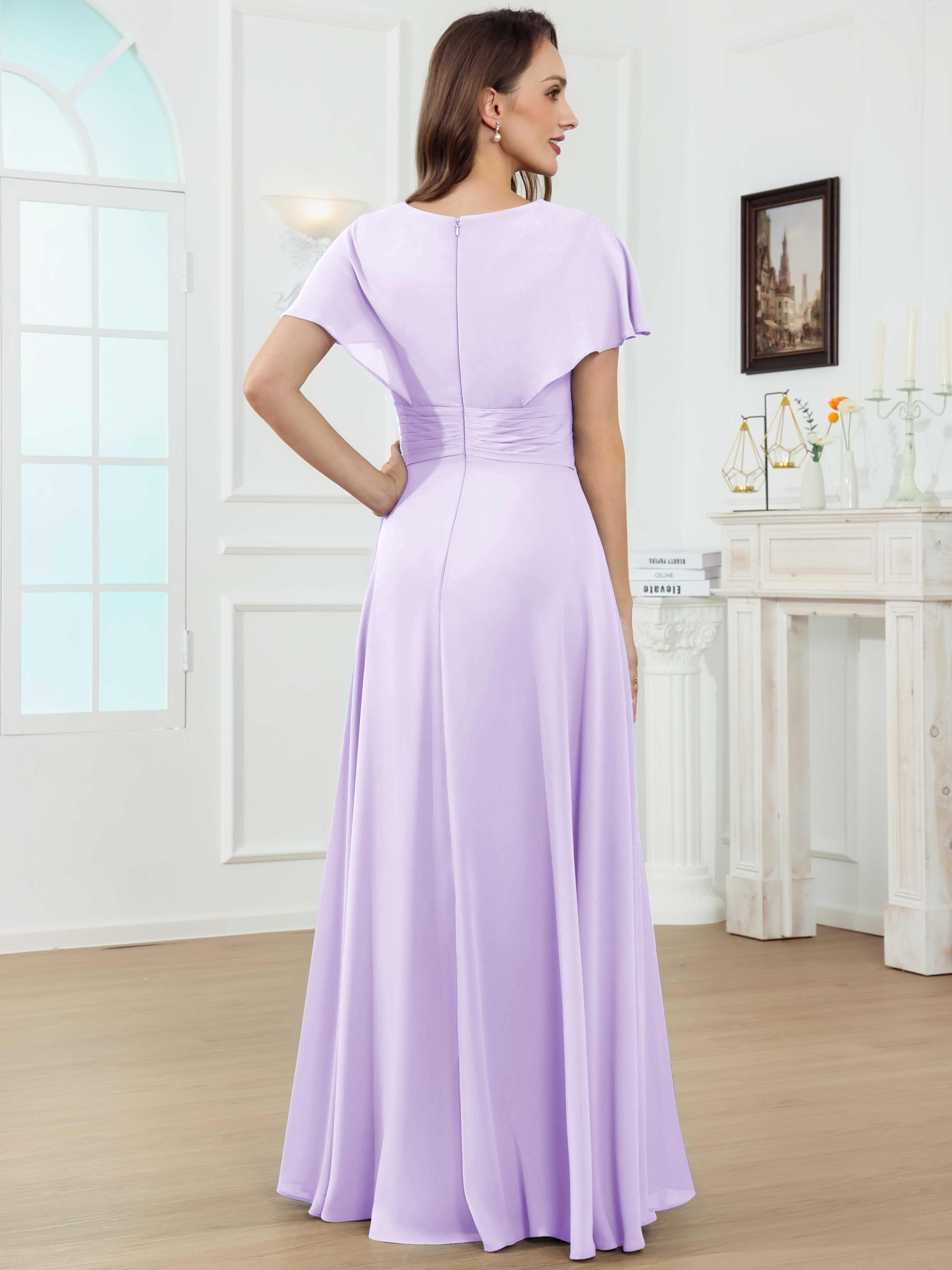 ROVDESY A-Line V-Neck Pleated Lace Chiffon Mother Of The Bride Dress With Short Sleeves