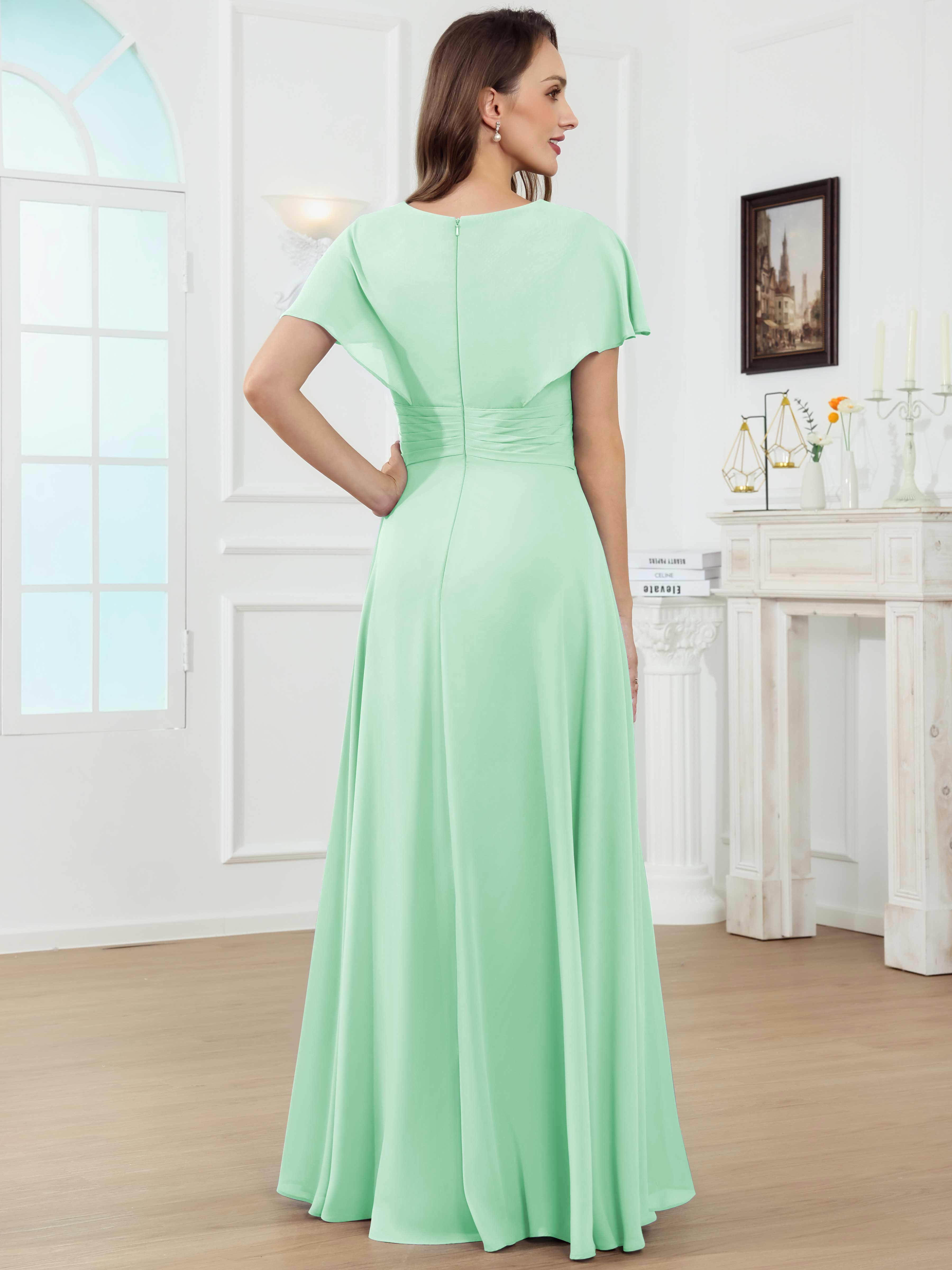 ROVDESY A-Line V-Neck Pleated Lace Chiffon Mother Of The Bride Dress With Short Sleeves