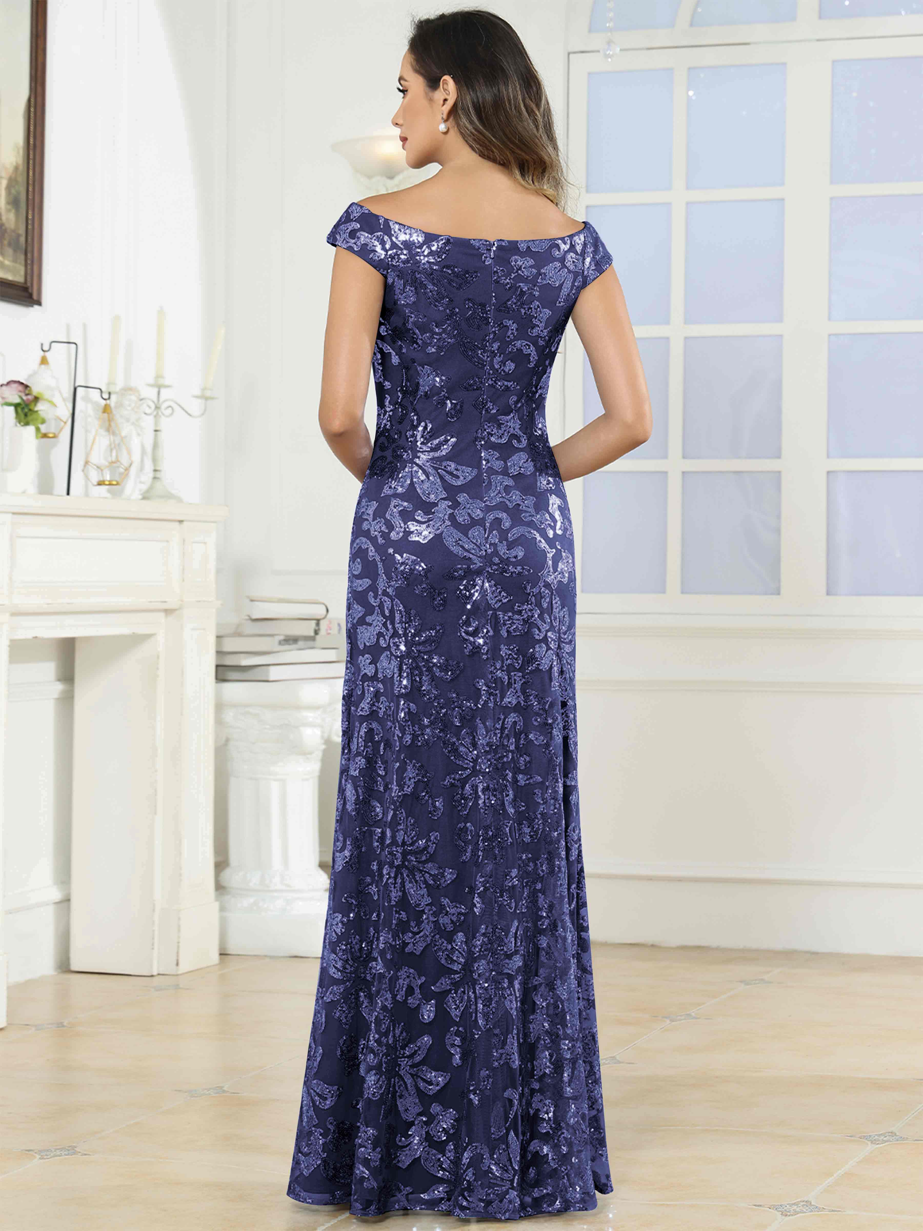 ROVDESY Off-The-Shoulder Mermaid Sequin Mother Of The Bride Dress Formal Gown