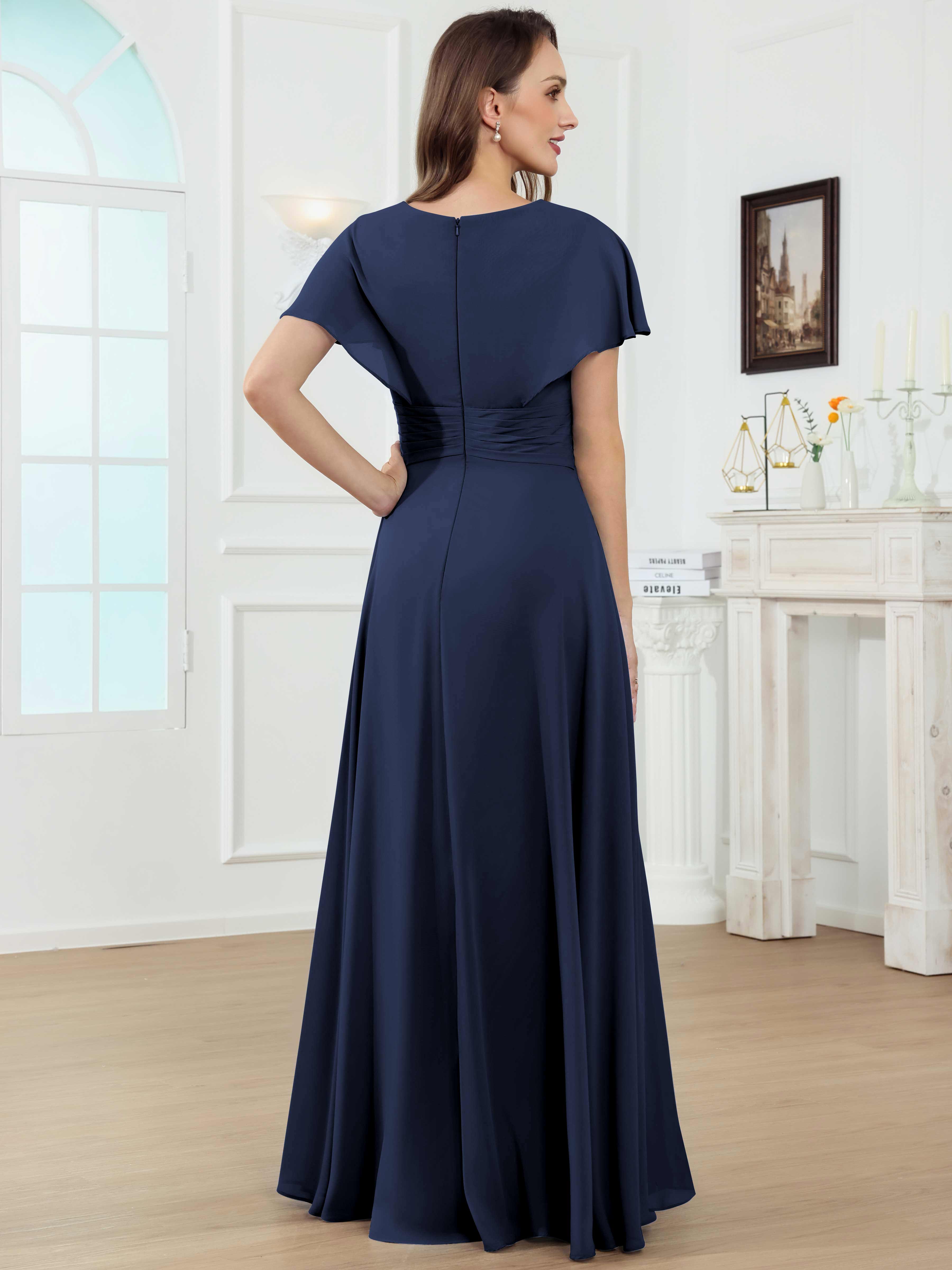 ROVDESY A-Line V-Neck Pleated Lace Chiffon Mother Of The Bride Dress With Short Sleeves