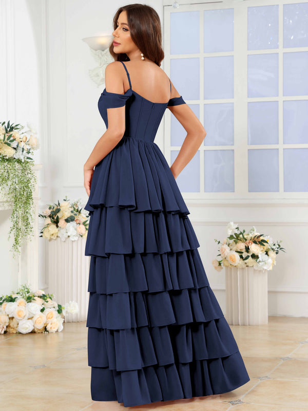 A-Line Off The Shoulder Tiered Chiffon Bridesmaid/Prom Dress With Slit