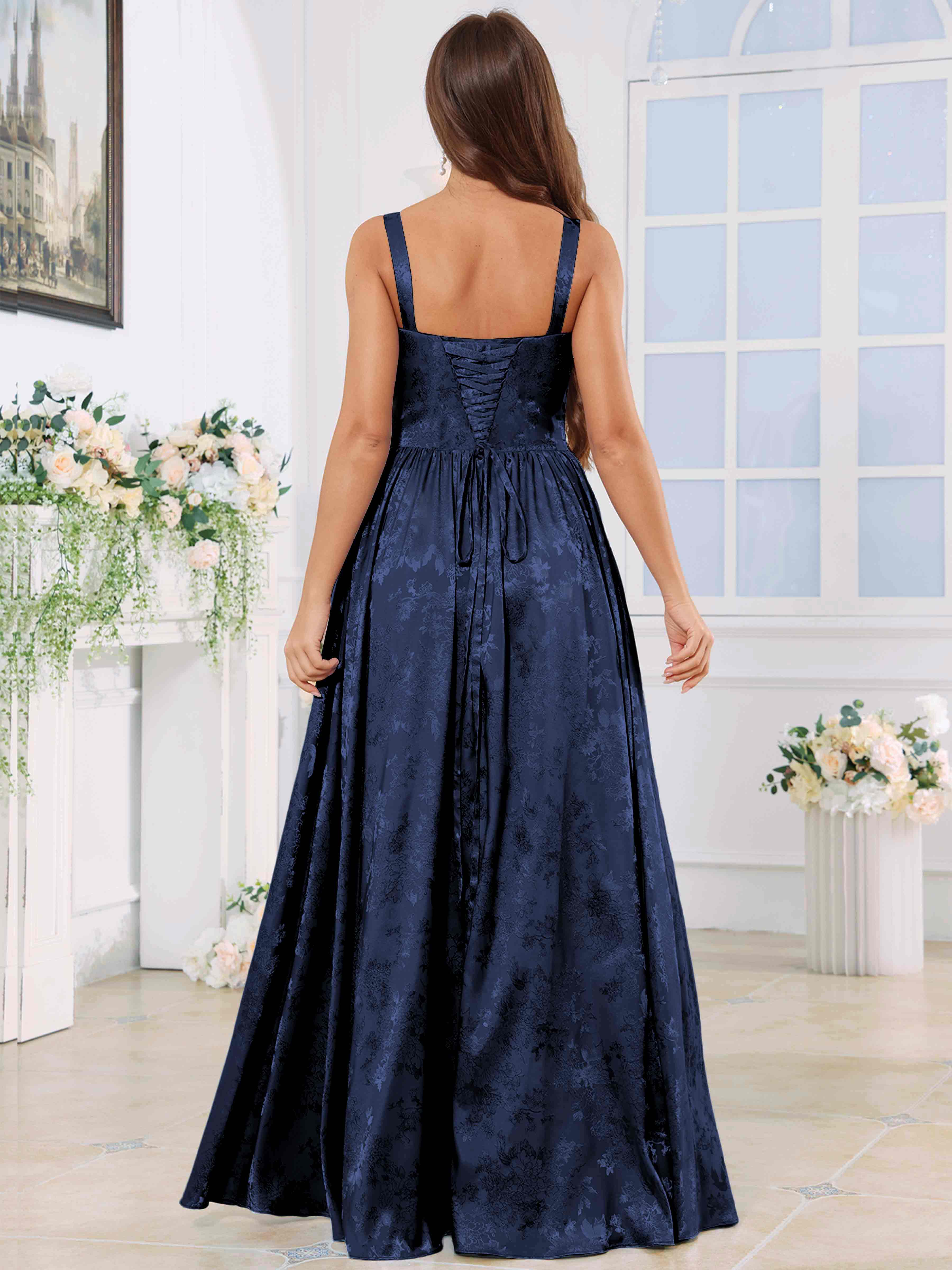 ROVDESY A-Line Spaghetti Straps Pleated Jacquard Satin Bridesmaid/Prom Dress With Slit