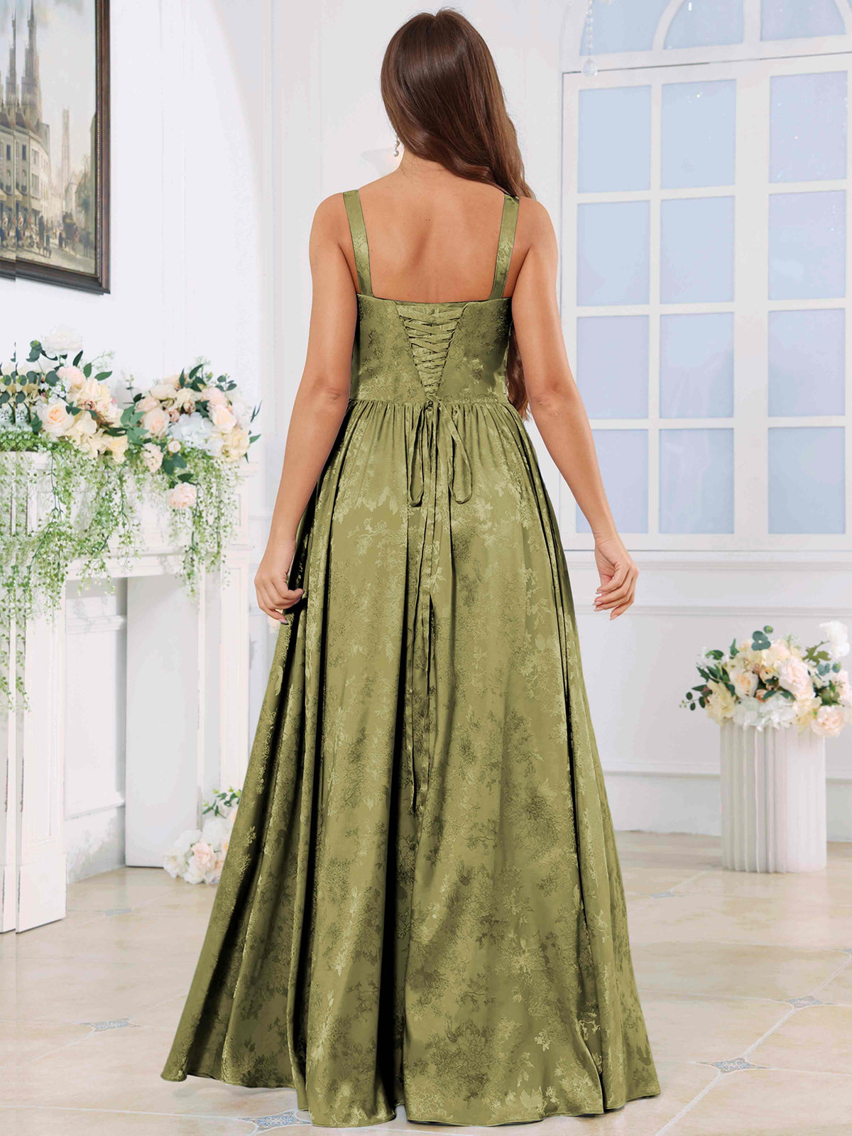 ROVDESY A-Line Spaghetti Straps Pleated Jacquard Satin Bridesmaid/Prom Dress With Slit