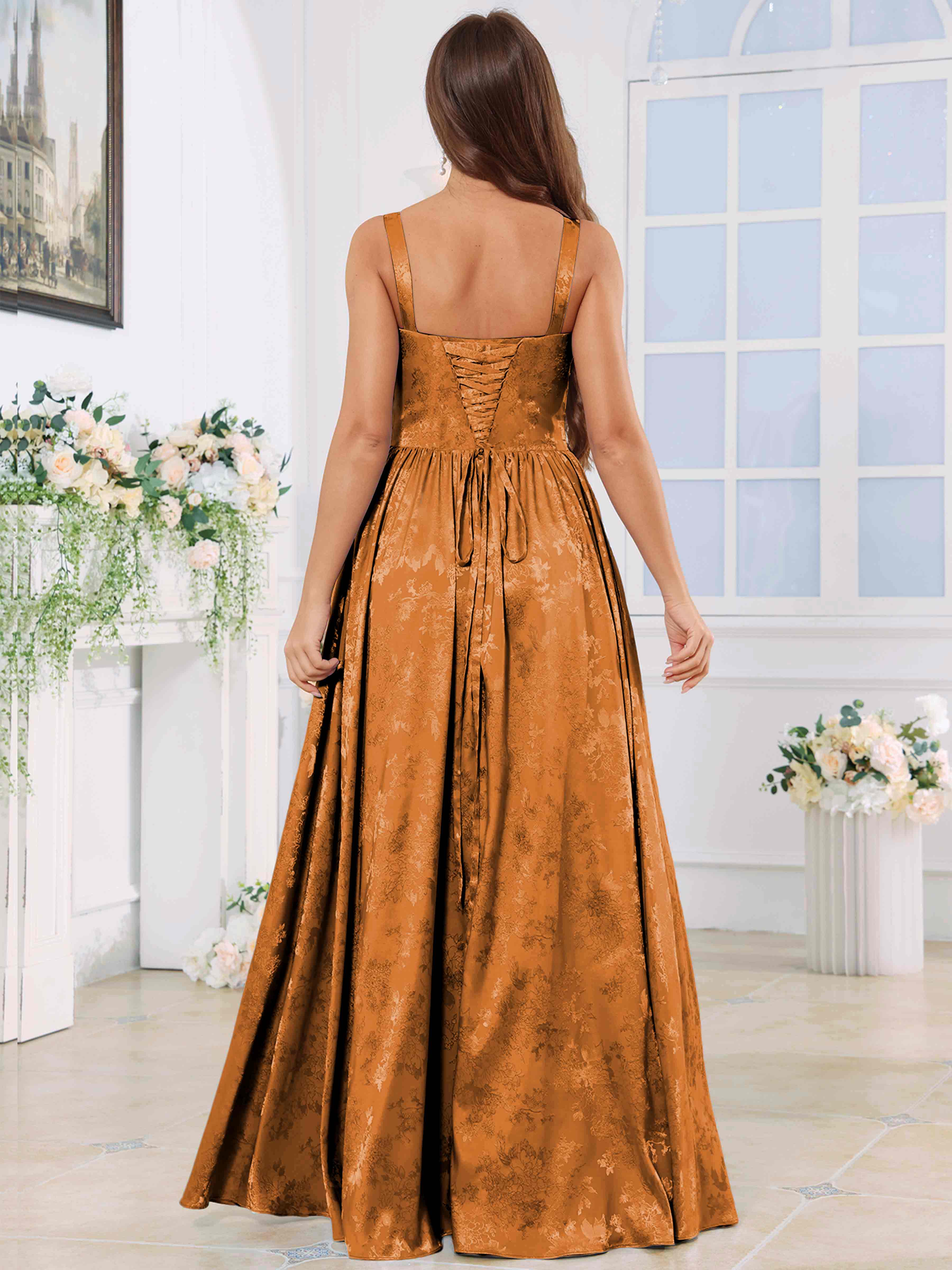 ROVDESY A-Line Spaghetti Straps Pleated Jacquard Satin Bridesmaid/Prom Dress With Slit
