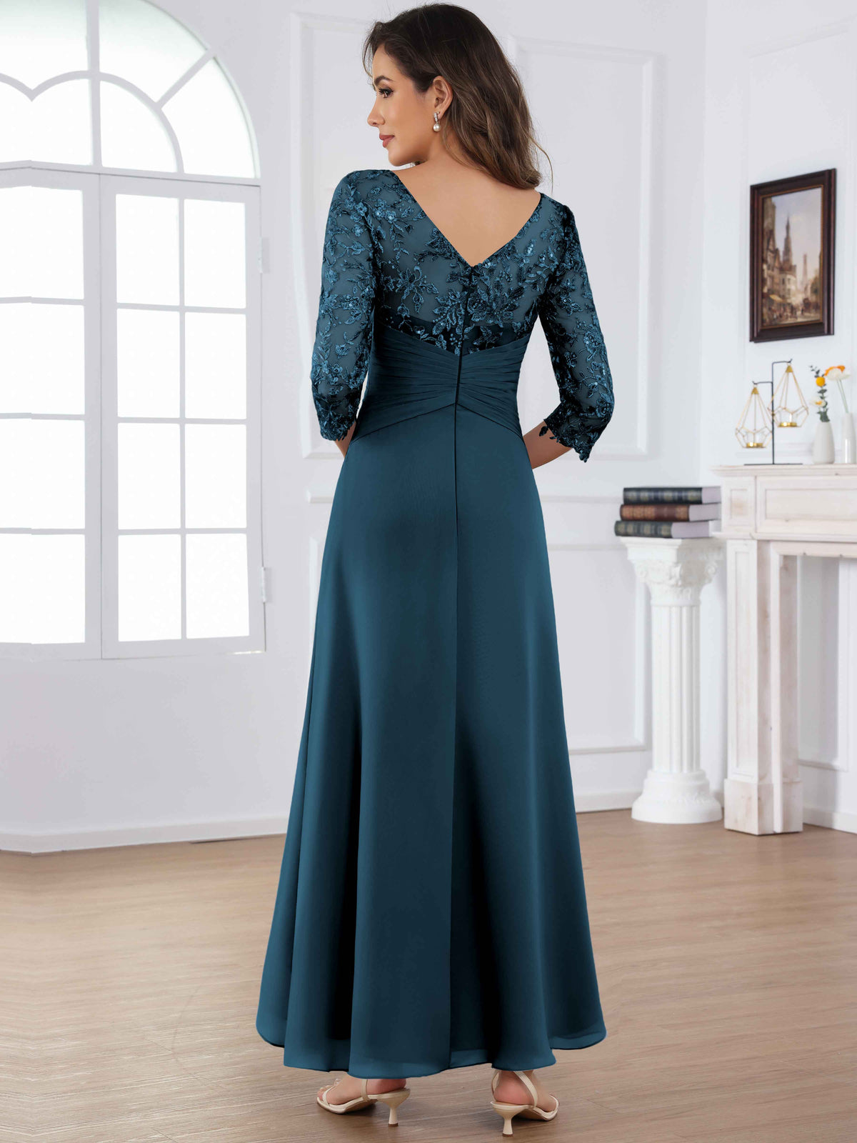 ROVDESY Tea Length Lace Chiffon Mother of The Bride Dress with 3/4 Sleeves