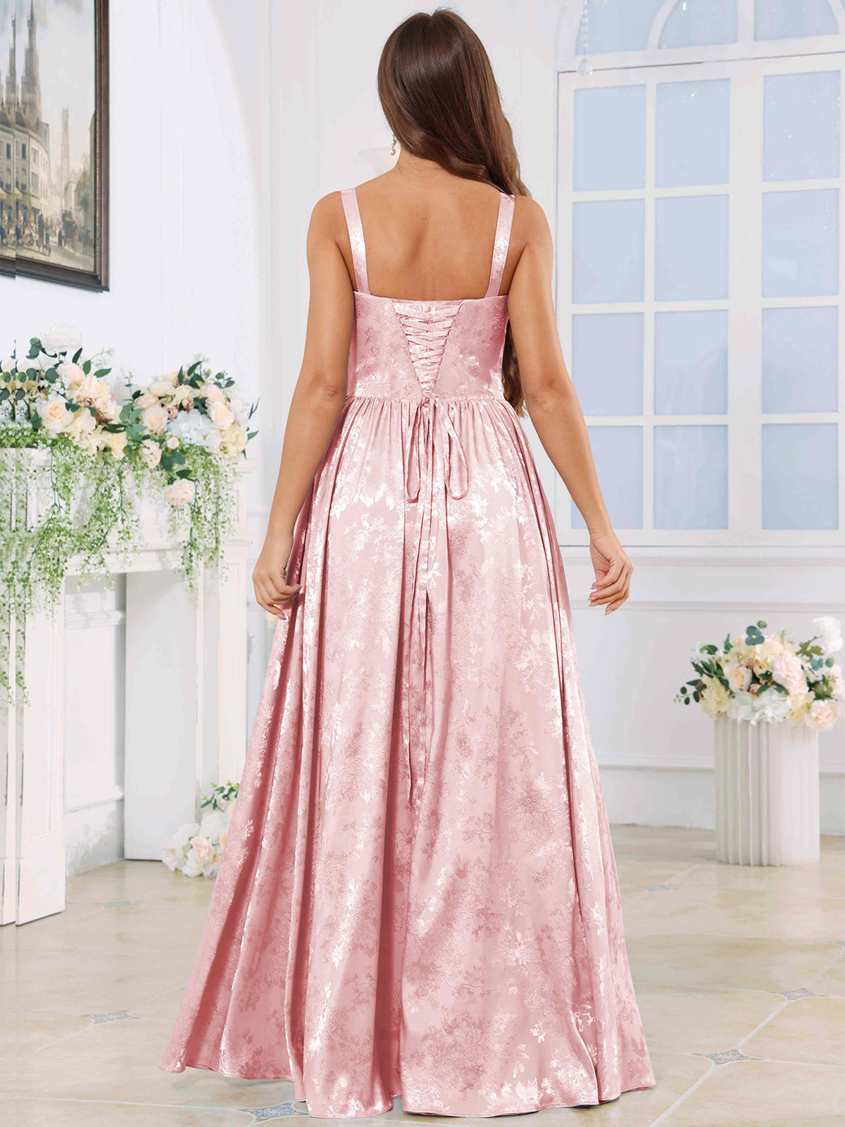 ROVDESY A-Line Spaghetti Straps Pleated Jacquard Satin Bridesmaid/Prom Dress With Slit