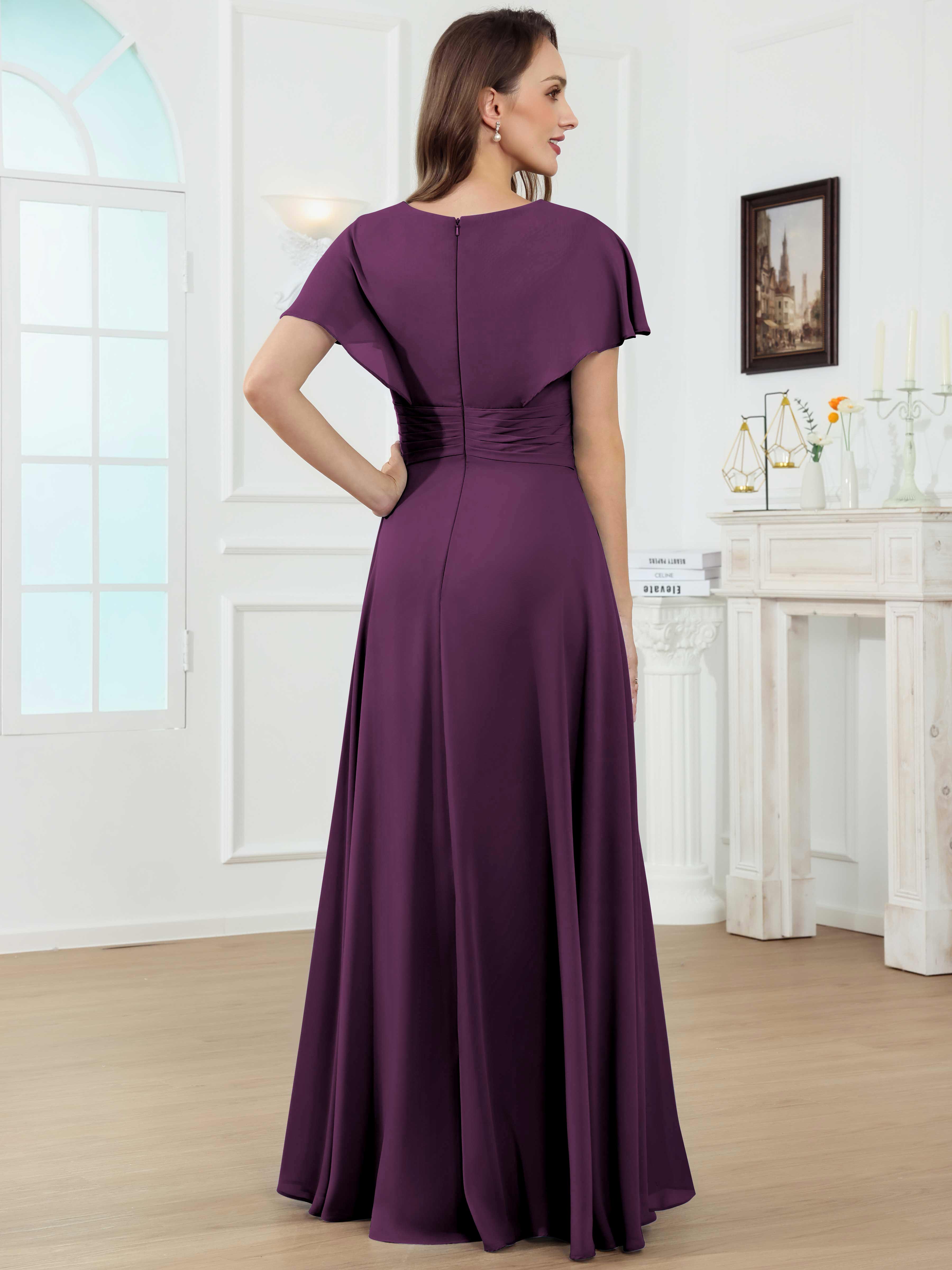 ROVDESY A-Line V-Neck Pleated Lace Chiffon Mother Of The Bride Dress With Short Sleeves
