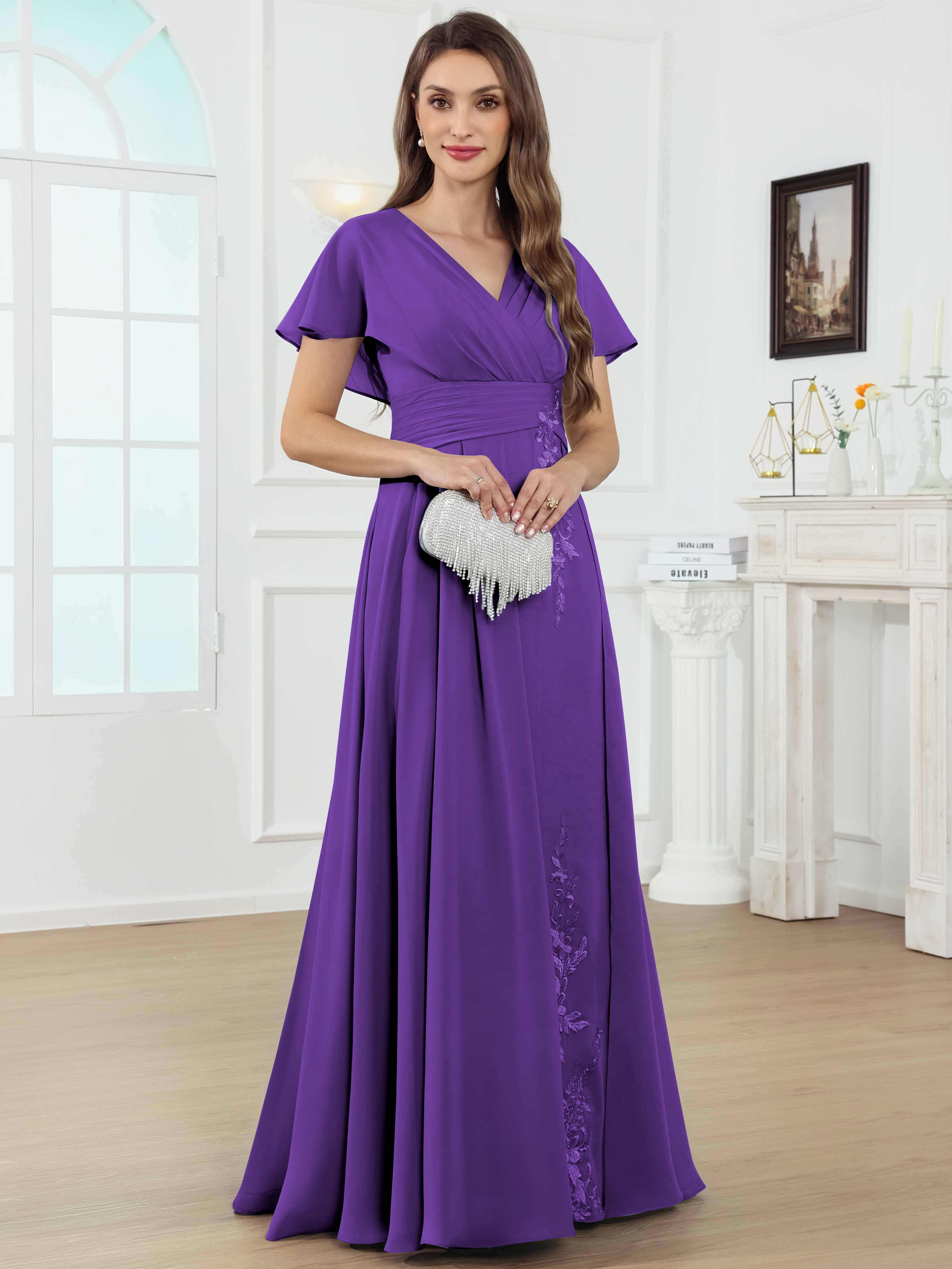 ROVDESY A-Line V-Neck Pleated Lace Chiffon Mother Of The Bride Dress With Short Sleeves