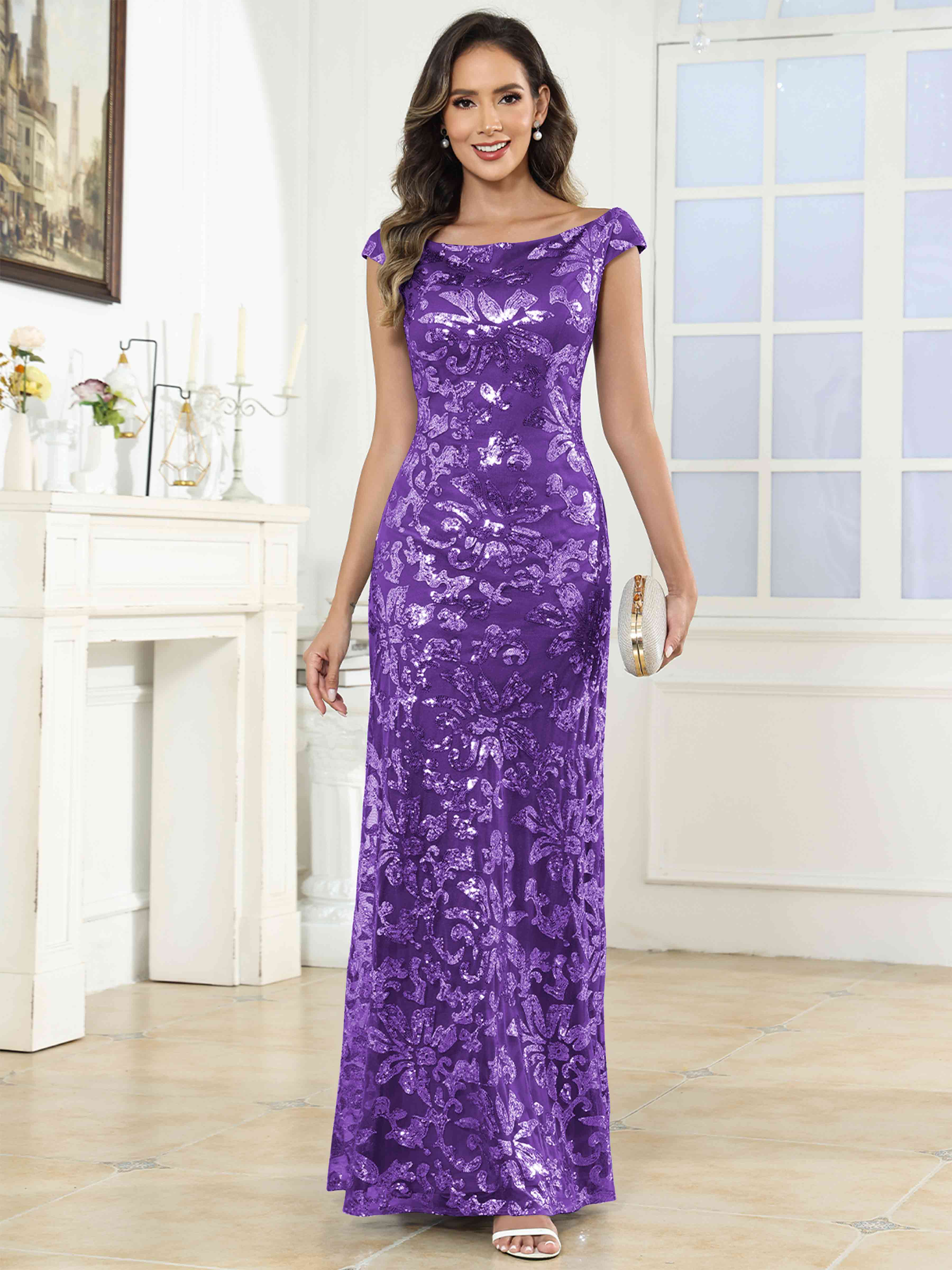 ROVDESY Off-The-Shoulder Mermaid Sequin Mother Of The Bride Dress Formal Gown