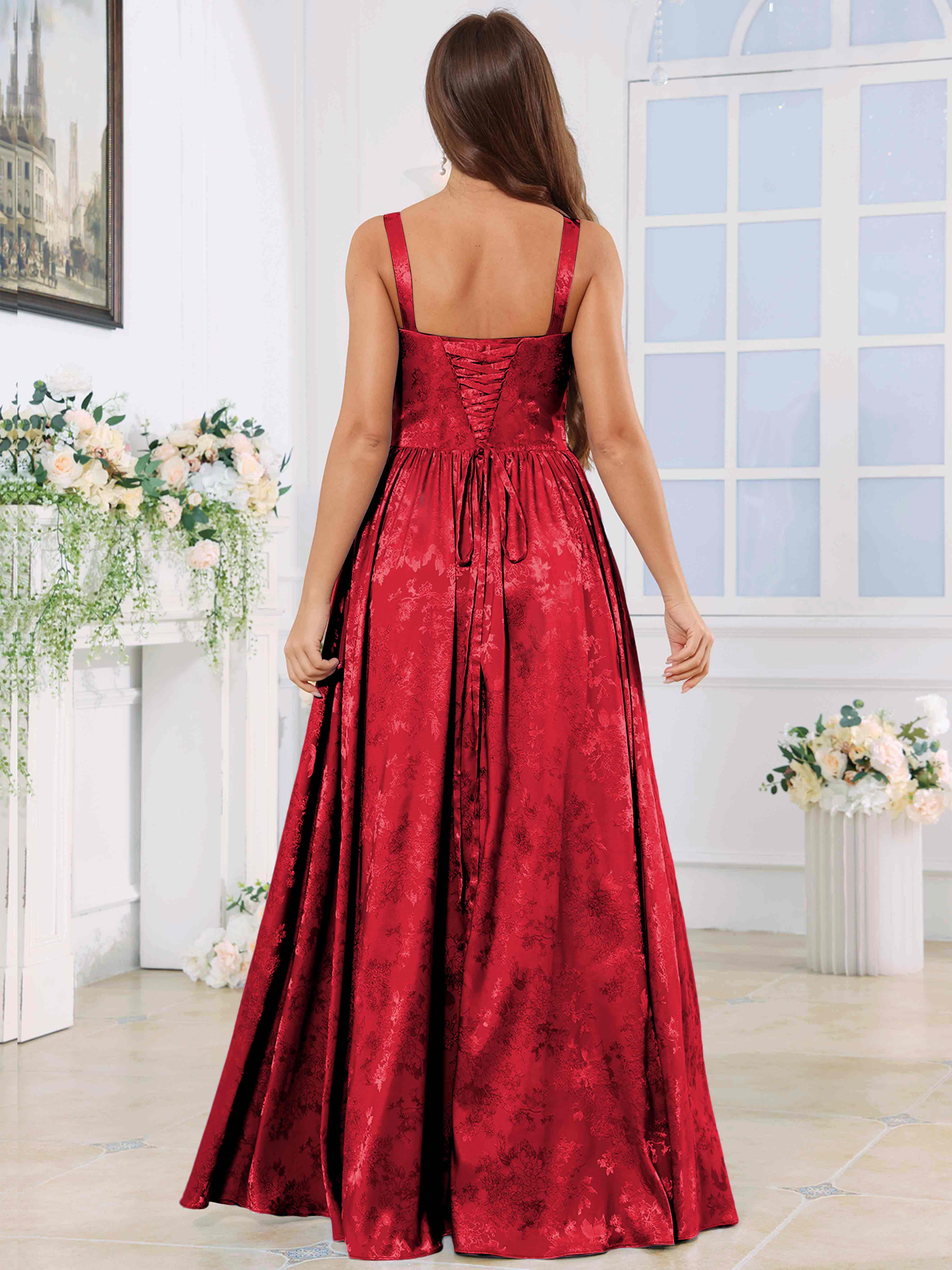 ROVDESY A-Line Spaghetti Straps Pleated Jacquard Satin Bridesmaid/Prom Dress With Slit
