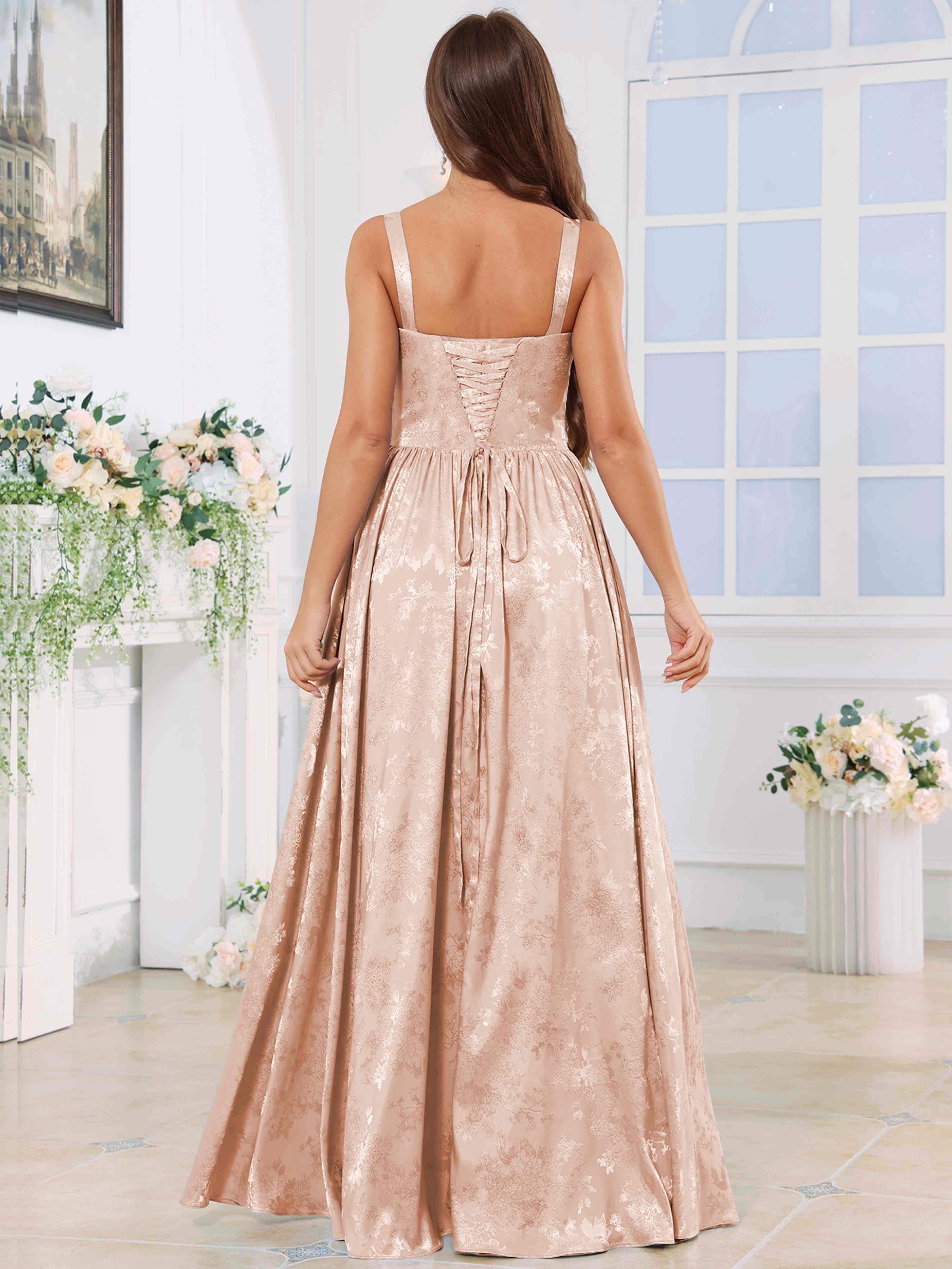 ROVDESY A-Line Spaghetti Straps Pleated Jacquard Satin Bridesmaid/Prom Dress With Slit