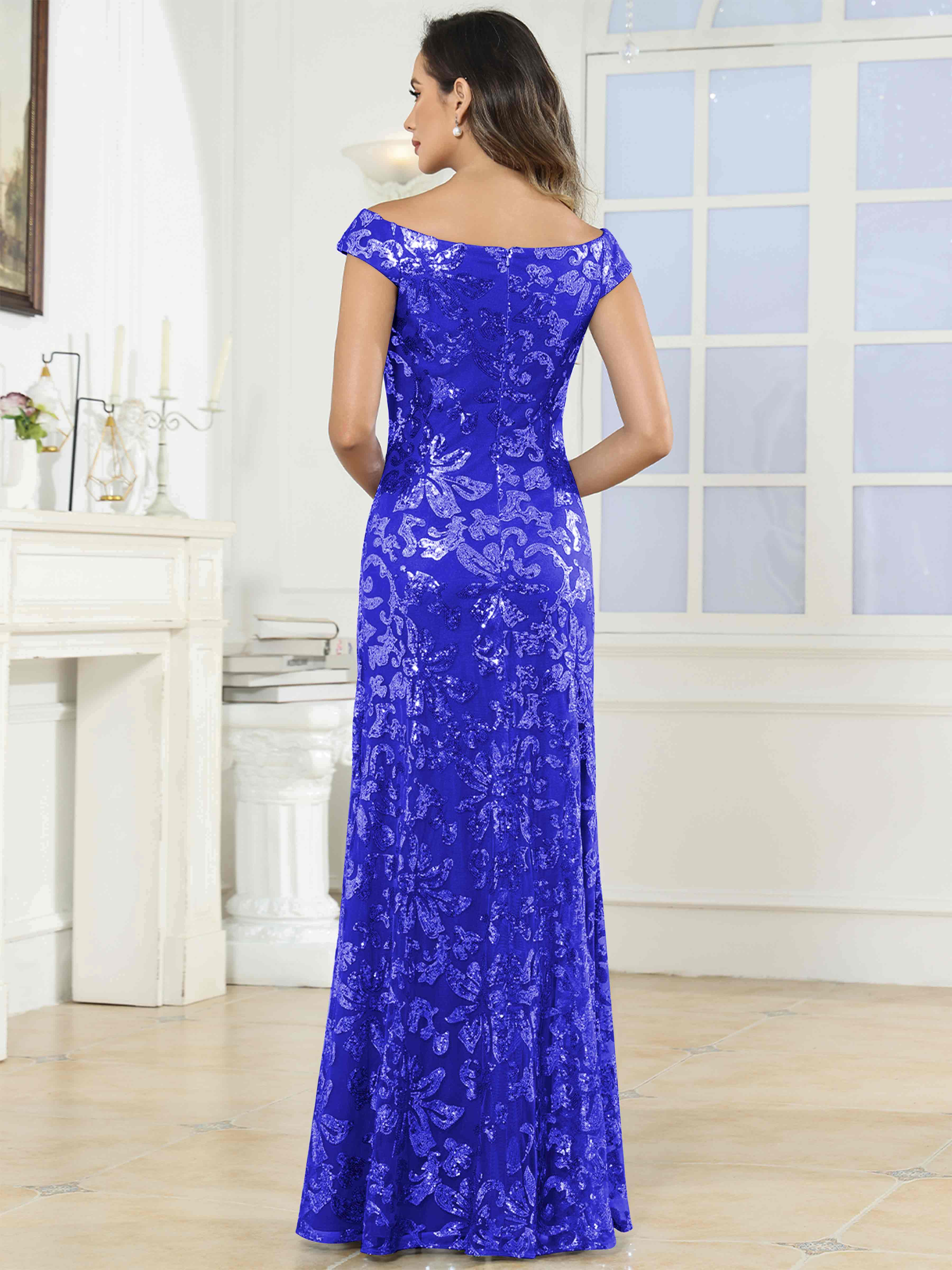 ROVDESY Off-The-Shoulder Mermaid Sequin Mother Of The Bride Dress Formal Gown