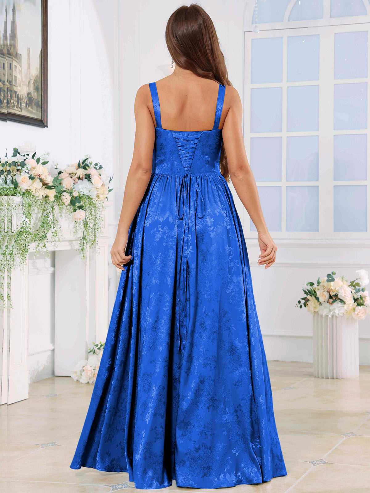 ROVDESY A-Line Spaghetti Straps Pleated Jacquard Satin Bridesmaid/Prom Dress With Slit