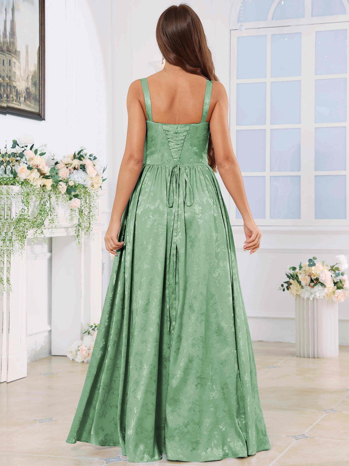 ROVDESY A-Line Spaghetti Straps Pleated Jacquard Satin Bridesmaid/Prom Dress With Slit