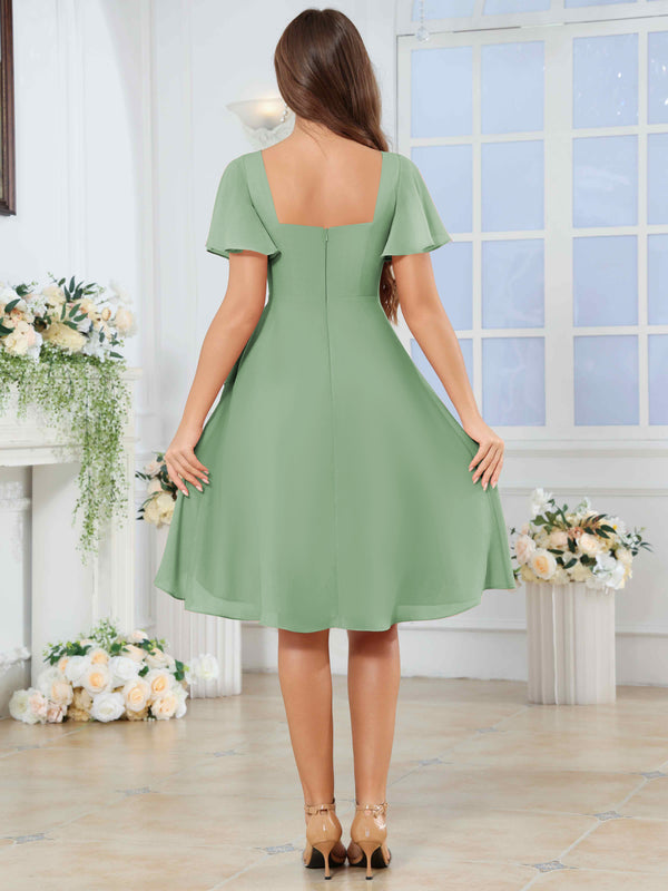 Knee Length V-Neck Pleated Chiffon Bridesmaid Dress With Short Sleeves
