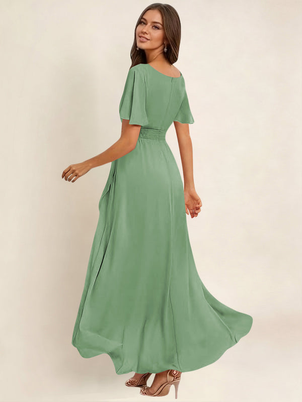 A-Line High Low Round Neck Pleated Ruffle Chiffon Bridesmaid Dress With Short Sleeves