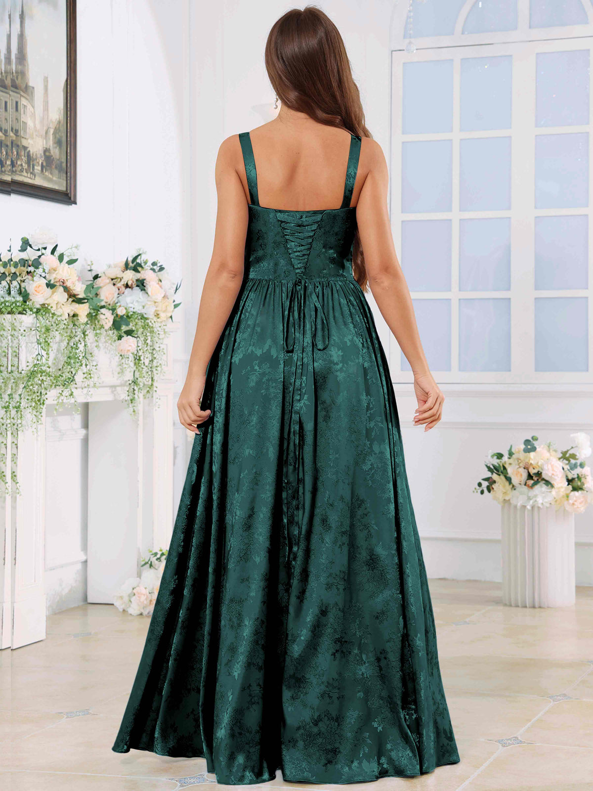 ROVDESY A-Line Spaghetti Straps Pleated Jacquard Satin Bridesmaid/Prom Dress With Slit